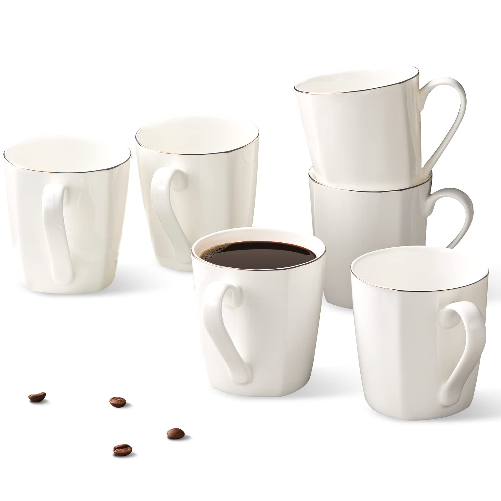Premium Bone China Coffee Mugs Set of 6 - 10oz Porcelain Espresso Cups with Elegant Gold Trim, Lightweight Ceramic Tea Mugs, Microwave & Dishwasher Safe - Perfect for Home, Office, and Gift Giving (Moonlight Collection)