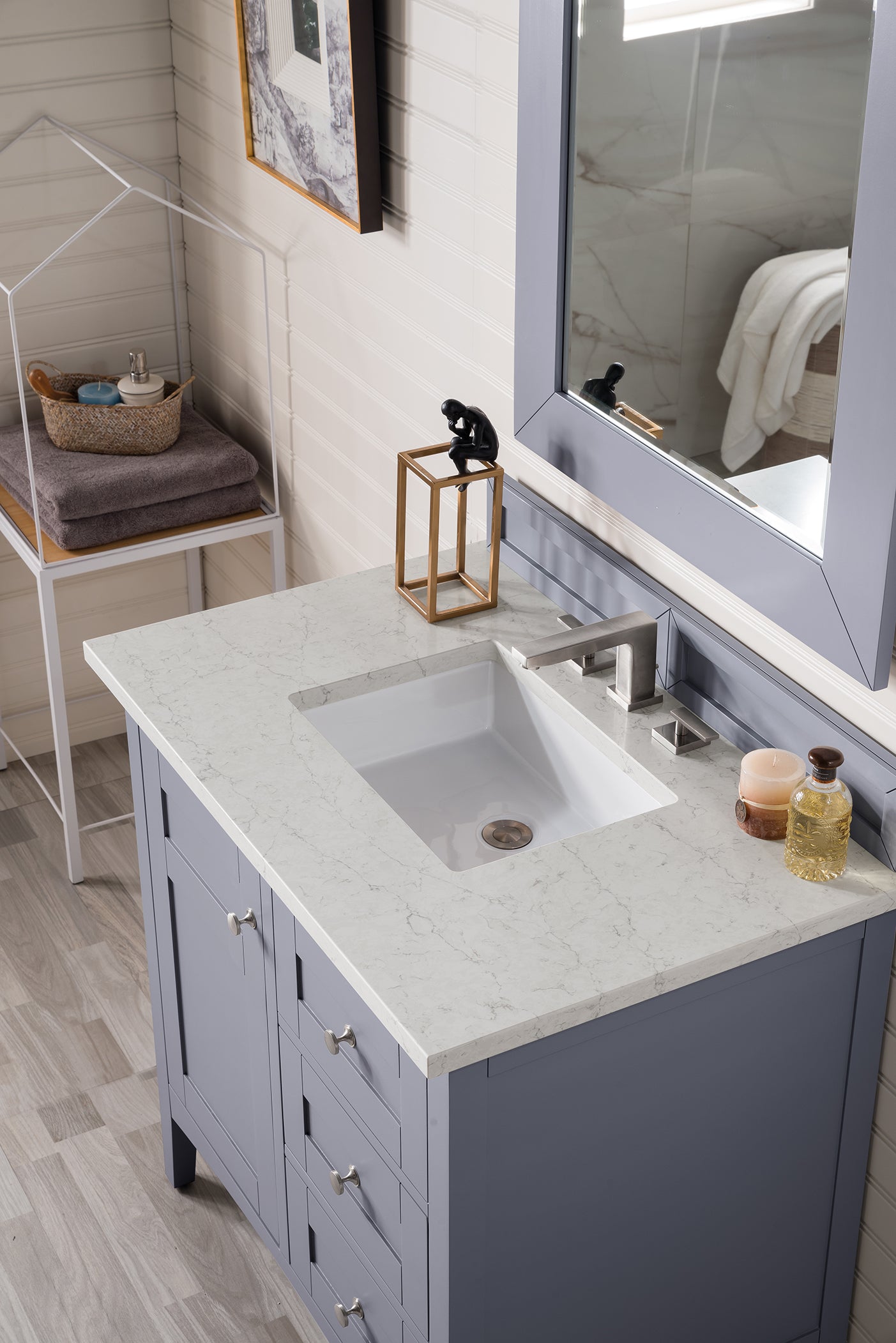 Palisades 36 Inch Single Bathroom Vanity with Eternal Jasmine Pearl Quartz Top in Silver Gray - Perfect for Modern Master Bathrooms and Guest Powder Rooms