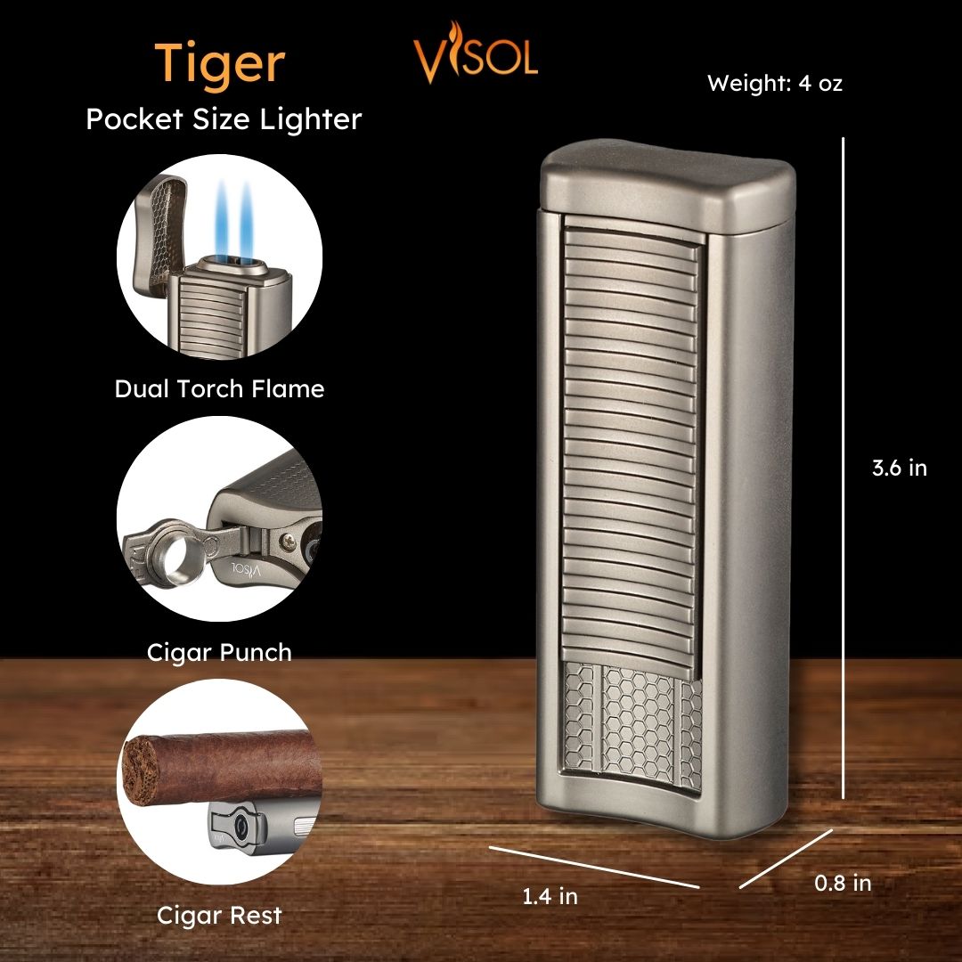 Visol Tiger Double Flame Butane Cigar Lighter - Gunmetal Finish | Windproof & Refillable | Perfect for Cigars, Cigarettes & Outdoor Use