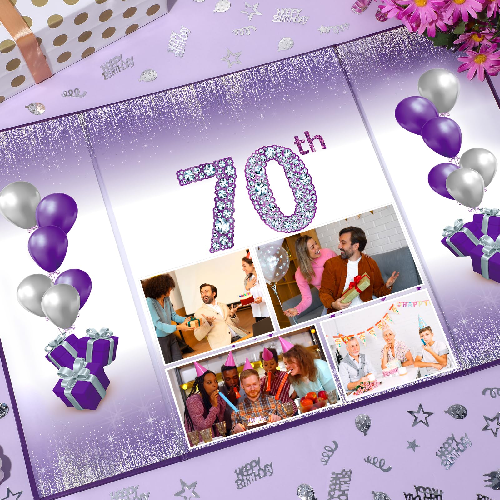 Purple & Silver 70th Birthday Party Decorations Set - Guest Book Alternative, Greeting Cards & Party Supplies for Women & Men - Perfect for 70th Anniversary Celebrations, Milestone Birthday Parties & Retirement Gifts