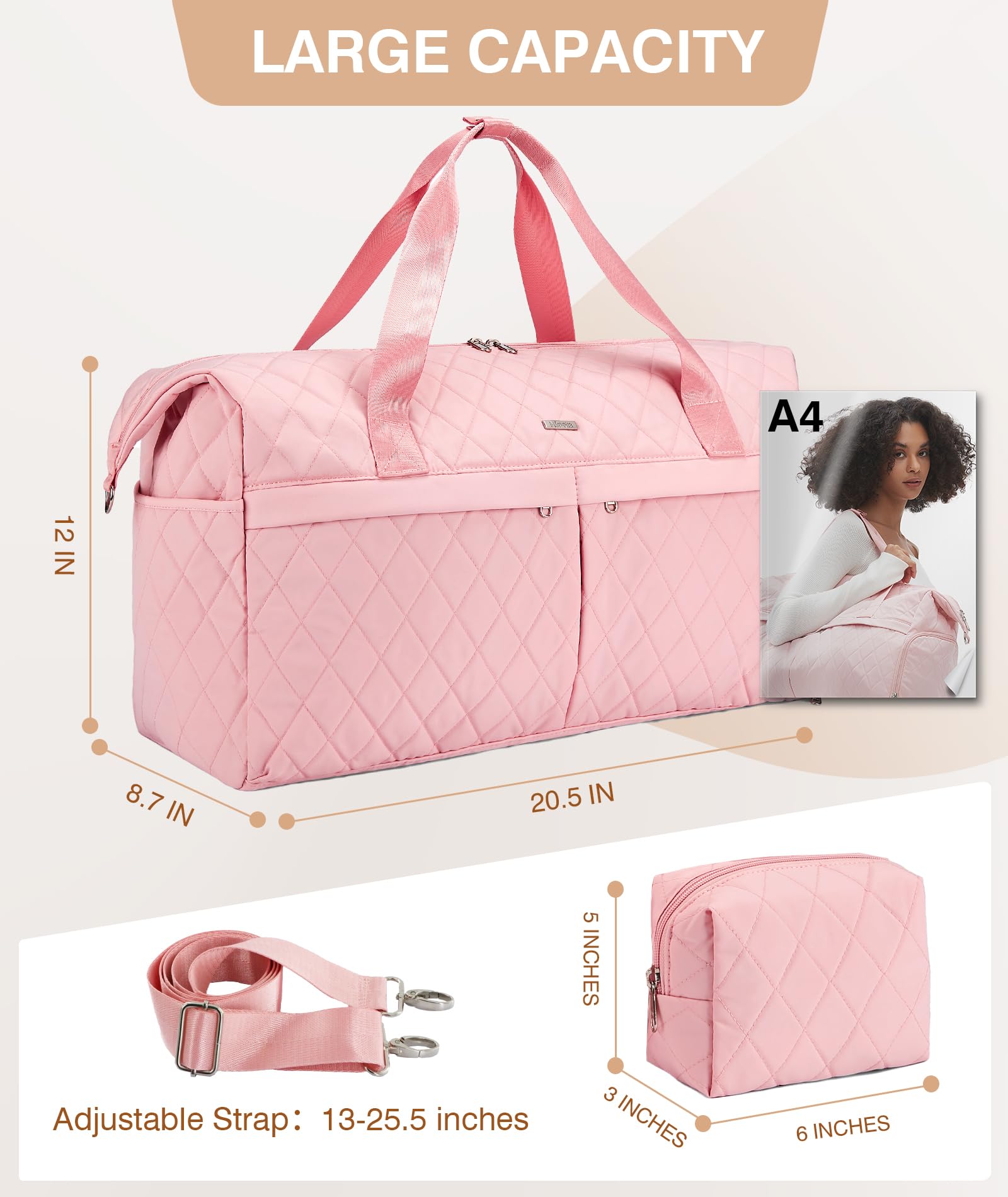 Marvolia Women's Quilted Duffle Bag - Large Travel Weekender Overnight Bag with Shoe Compartment & Toiletry Pouch - Pink Carry-On for Business Trips, Gym, Sports & Weekend Getaways