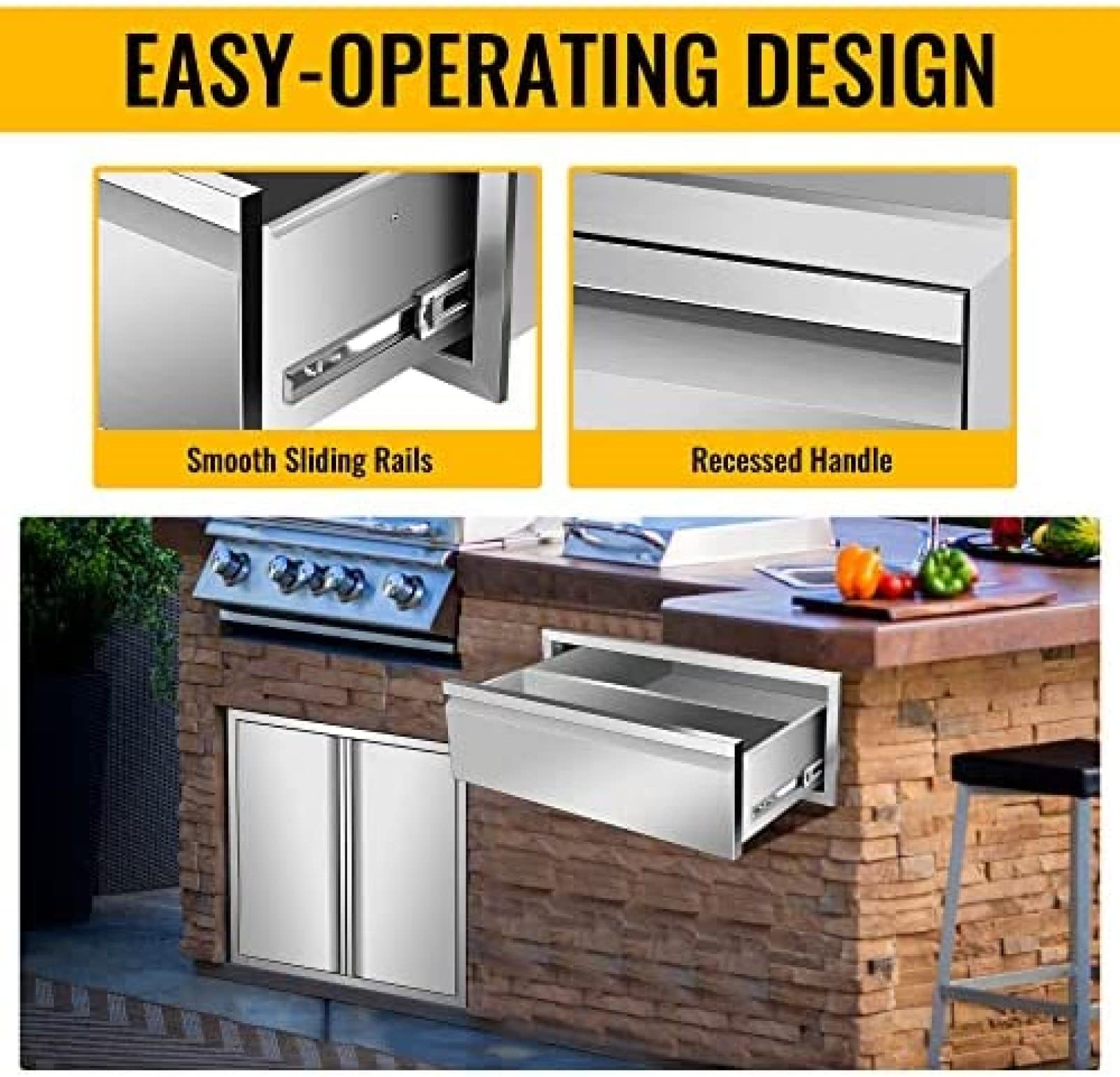 Stainless Steel Triple Access BBQ Drawers for Outdoor Kitchen - Flush Mount with Handle, 30W x 10H x 23D Inch - Perfect for BBQ Island, Patio Grill Station & Outdoor Cooking Setup