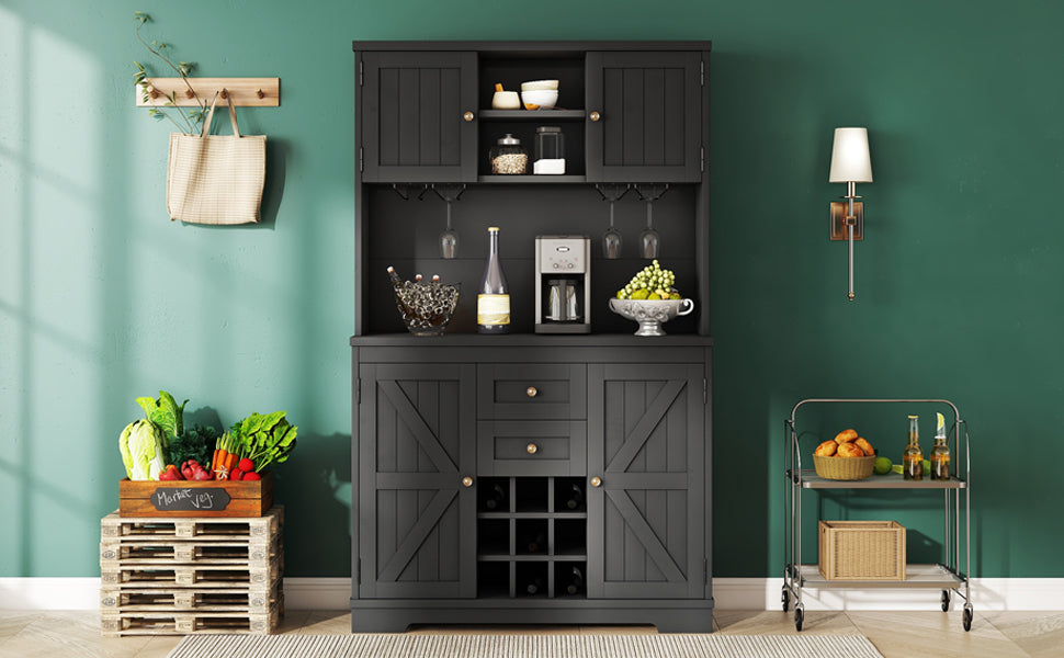 Farmhouse Coffee Bar Cabinet with Storage - Kitchen Buffet Cabinet with Drawers, Shelves & Wine Glass Racks - Rustic Dining Room Furniture for Kitchen, Bar & Entertaining - Black