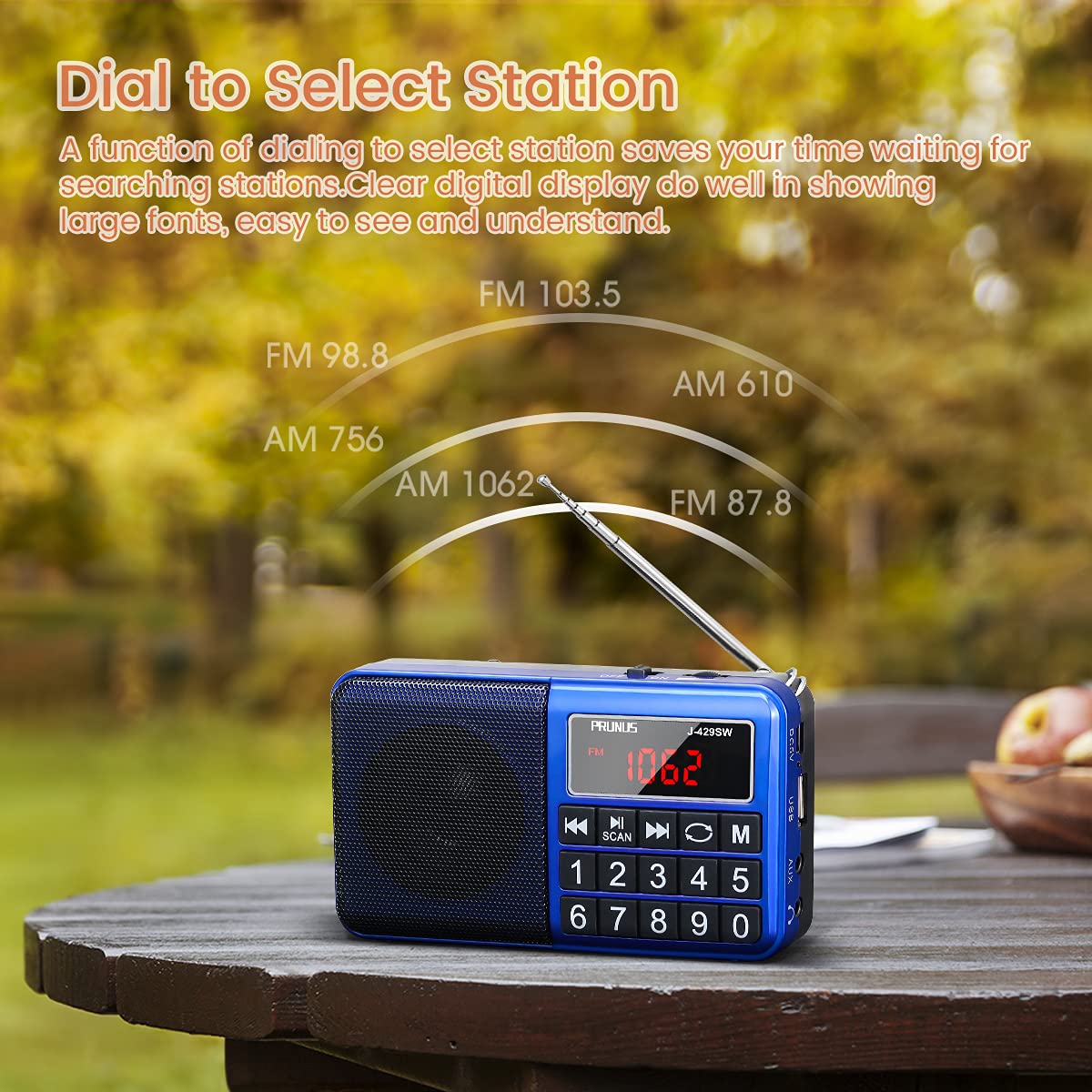 PRUNUS J-429 Portable AM/FM/SW Rechargeable Radio with Digital Tuning, Big Buttons, USB/TF/AUX Input - MP3 Player, Auto Save Memory (Blue) - Perfect for Emergency, Outdoor Camping, and Home Use