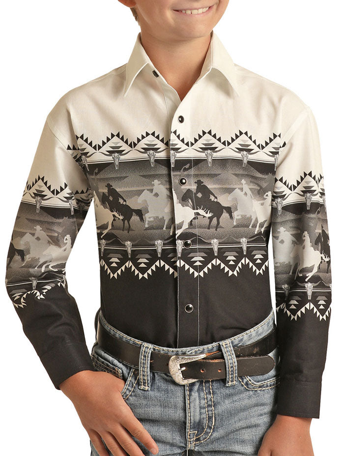 Panhandle PHBSOSR0MU Kids Bronco Print Long Sleeve Snap Shirt Black - Western Style Button-Up for Boys & Girls - Perfect for Rodeo, Cowboy Parties & Outdoor Adventures