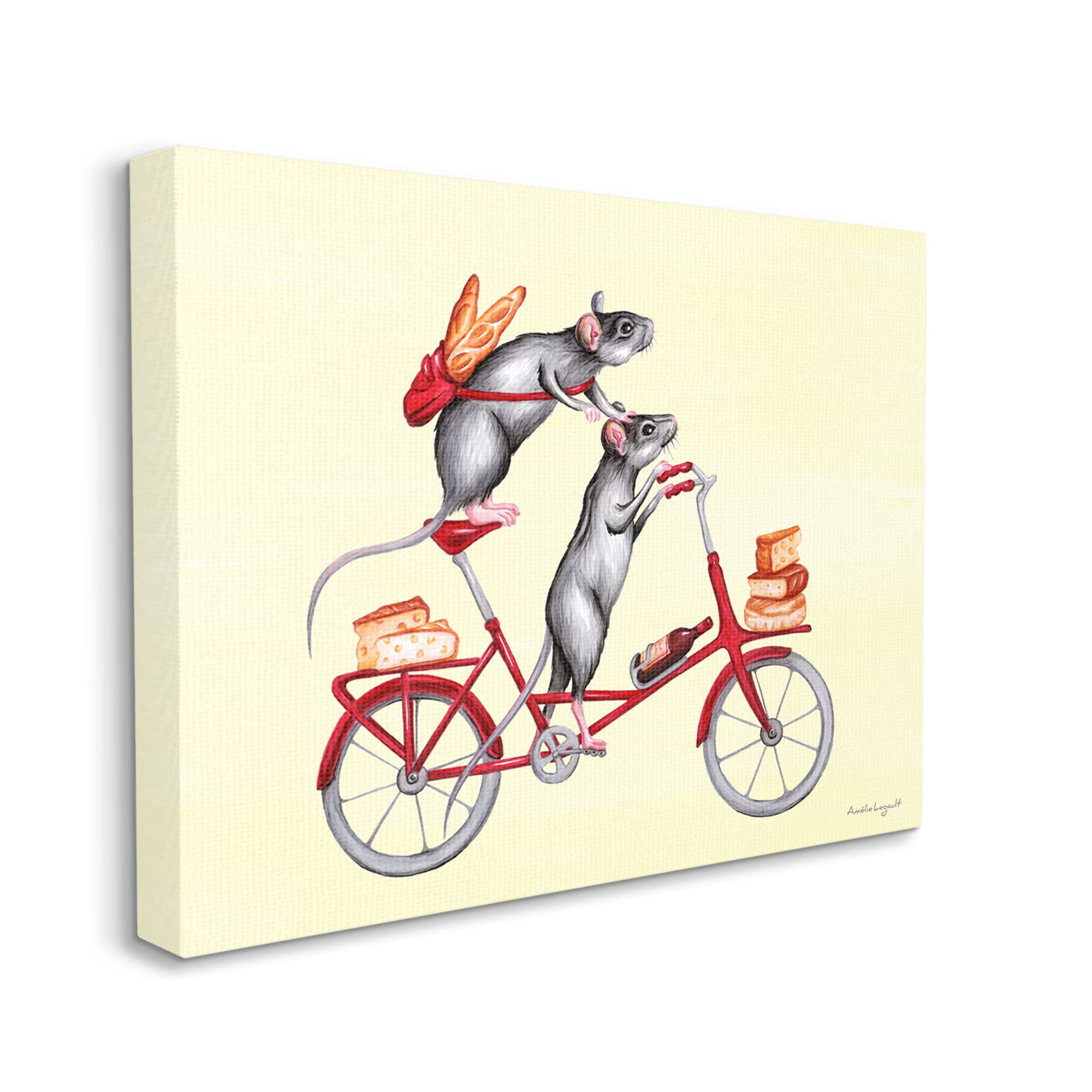 Stupell Industries - Whimsical Mice on Bicycle Carrying Picnic Lunch with Bread & Cheese Wall Art | Designed by Amelie Legault | Perfect for Kitchen Decor, Dining Room Art & Unique Gift Ideas