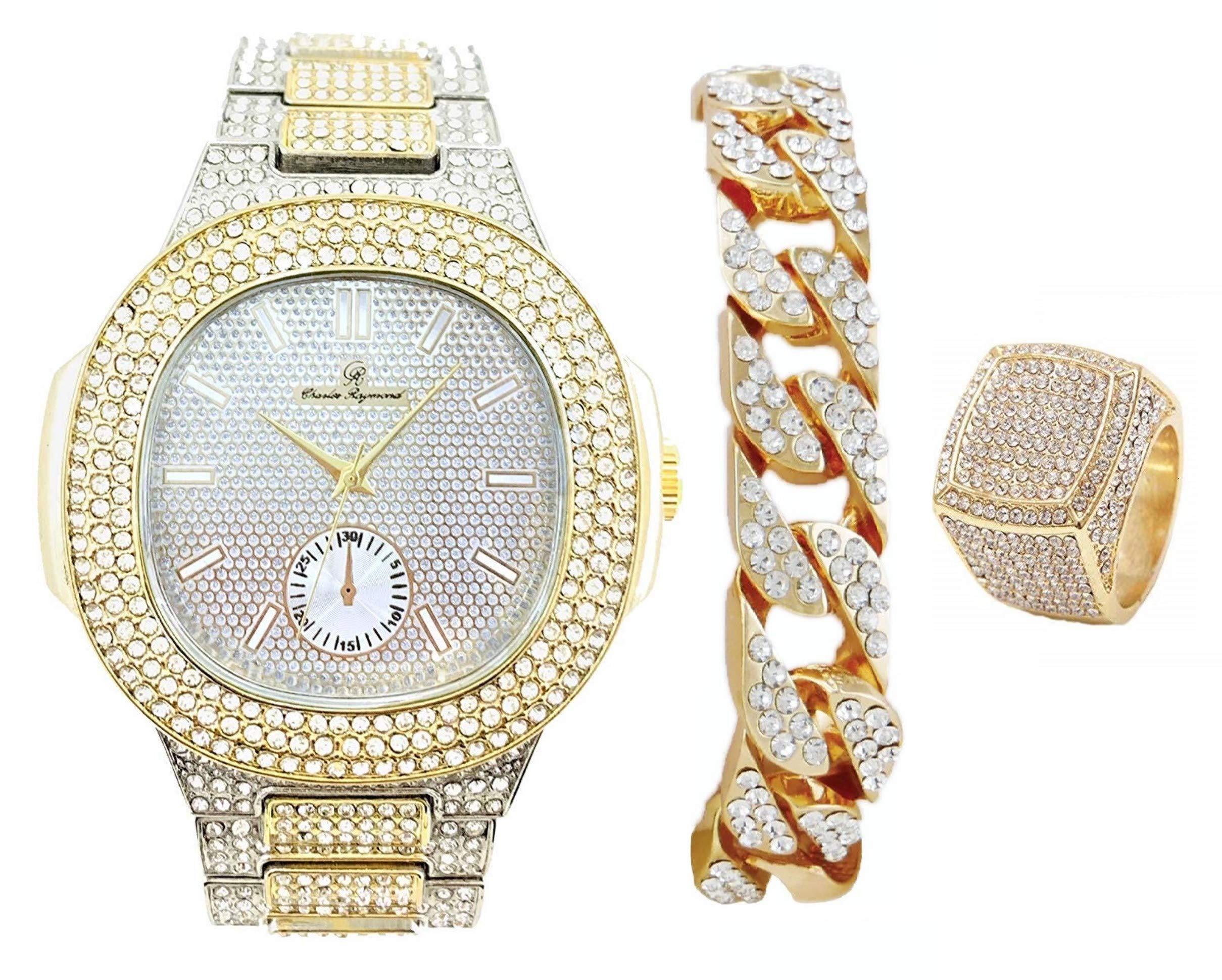 Charles Raymond Men's Luxury Watch Set - Bling Cuban Bracelet & King Ring | Stylish PP Look Watch for Men | Perfect for Gifts, Parties & Special Occasions