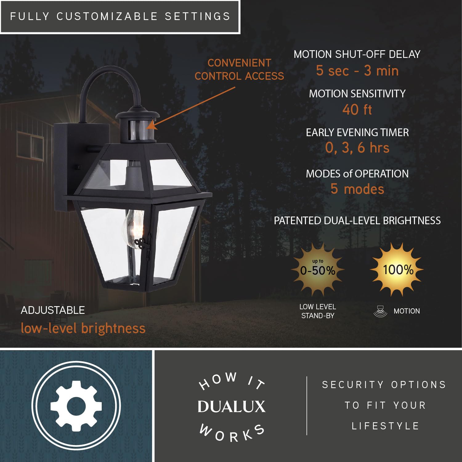 VAXCEL Nottingham 7-inch Black Motion Sensor Outdoor Wall Light with Clear Glass - Weatherproof Dusk to Dawn Security Lighting for Porch, Garage & Entryway