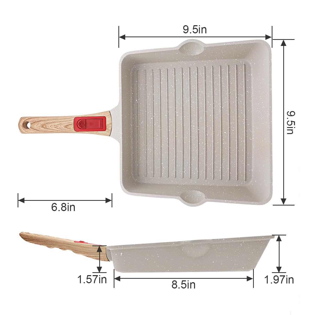 9.5 Inch Nonstick Square Grill Pan - Cast Aluminum Steak Pan with Detachable Handle, Oven & Dishwasher Safe, Double Pour Spouts (White) - Perfect for Indoor Grilling, BBQ, and Cooking Steaks, Burgers, and Vegetables