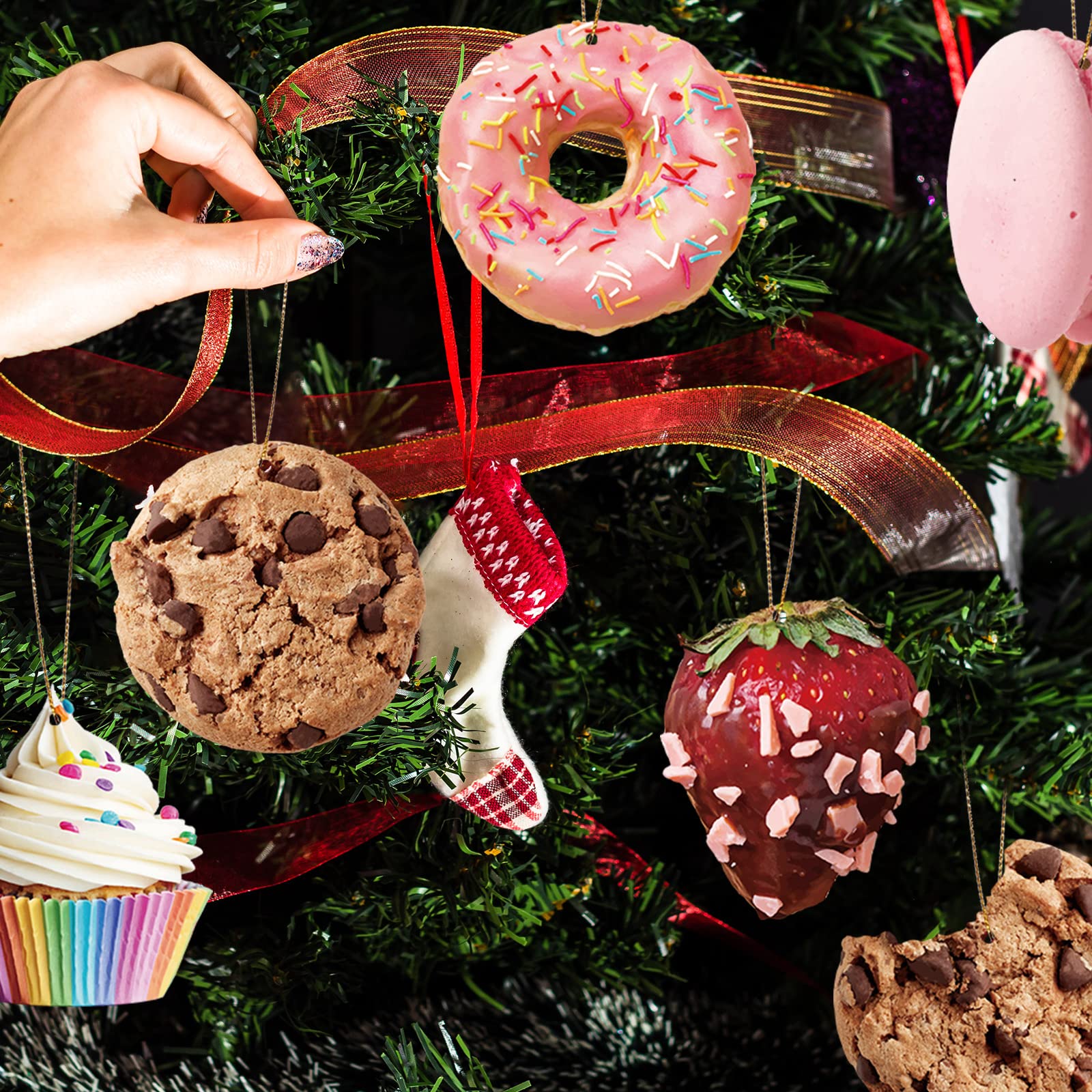 32-Piece Pastel Christmas Wooden Candy Ornaments Set - Xmas Tree Hanging Decorations for Holiday Party, Cupcake, Donut & Ice Cream Shaped Ornaments - Perfect for Christmas Tree Decor, Candy Buffet & Festive Home Decoration