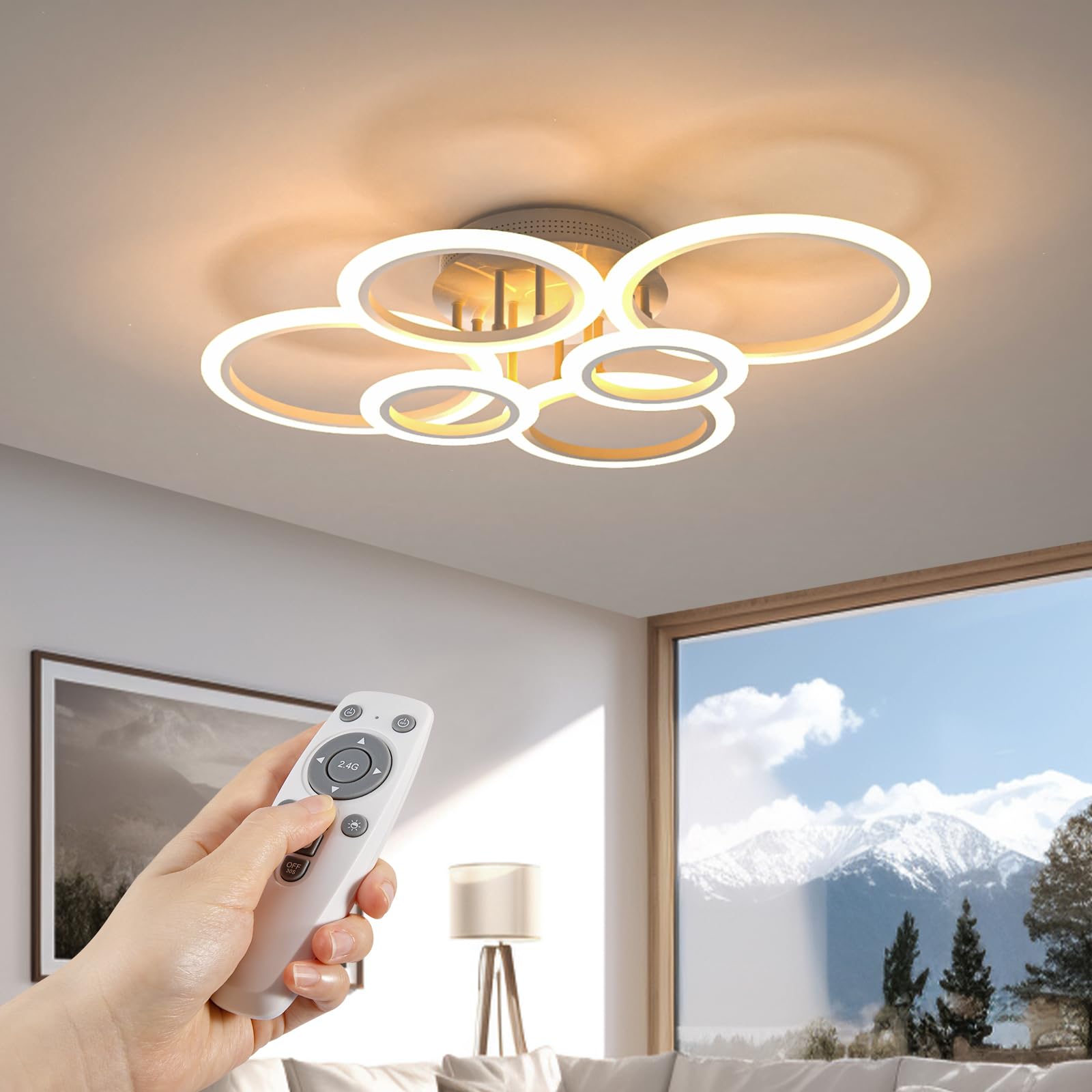 Modern LED Flush Mount Chandelier - 6 Ring Acrylic Ceiling Light 72W 6400LM with Remote Control, Dimmable 2800K-7000K for Living Room, Bedroom, Bathroom | Energy-Efficient Home Lighting for Dining Areas, Hallways & Office Spaces