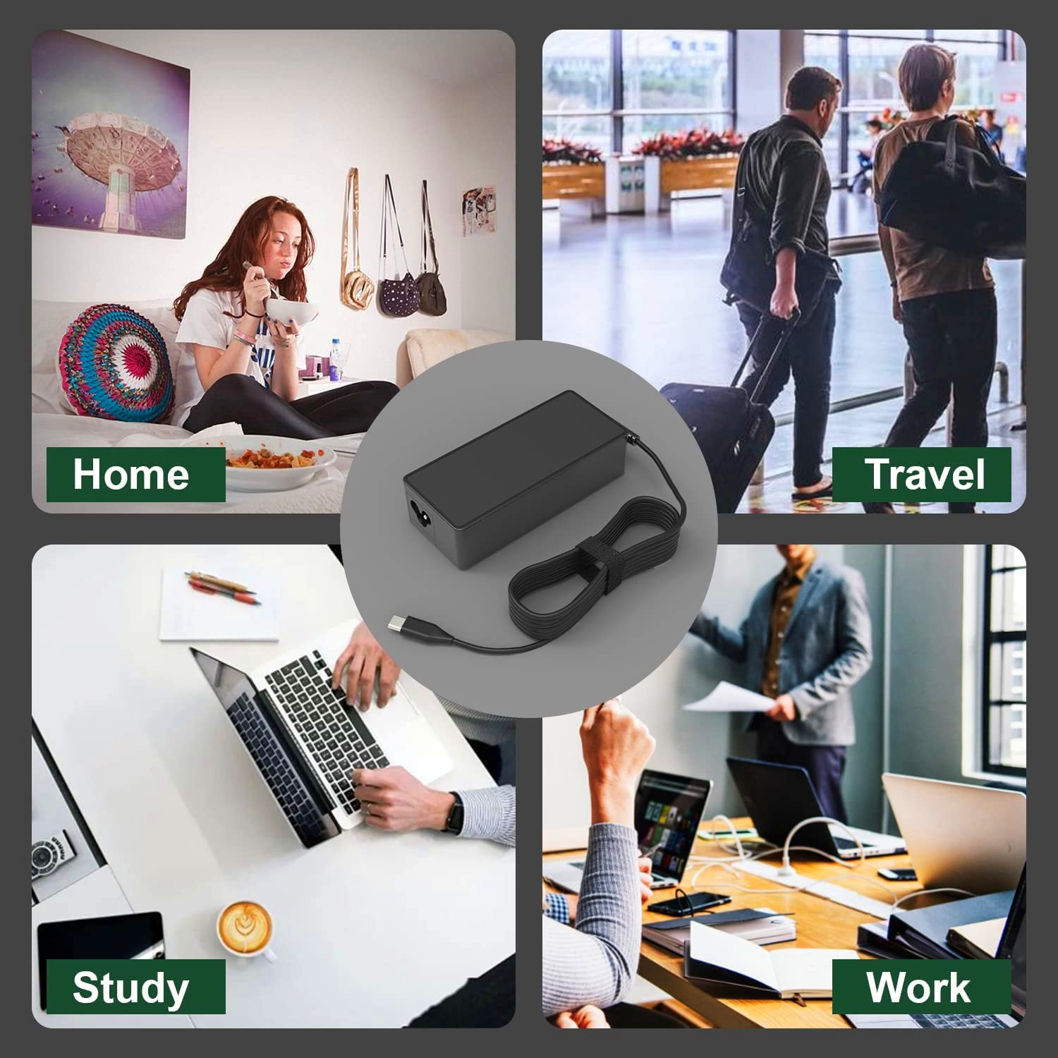 65W USB C Laptop Charger - Fast Charging AC Adapter for HP Spectre X360, Lenovo ThinkPad, Chromebook & Smartphones - Universal Type C Charger for Home, Office & Travel