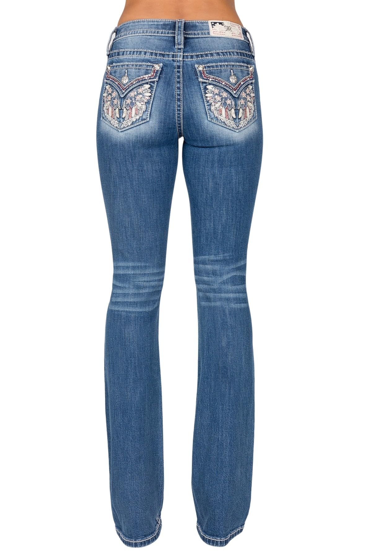 Miss Me Women's Mid-Rise Bootcut Jeans - Patriotic Red White & Blue Feather Design, Stretch Denim with Faux Flap Pockets | Comfortable & Stylish for Casual Wear, Date Night & Western Outfits