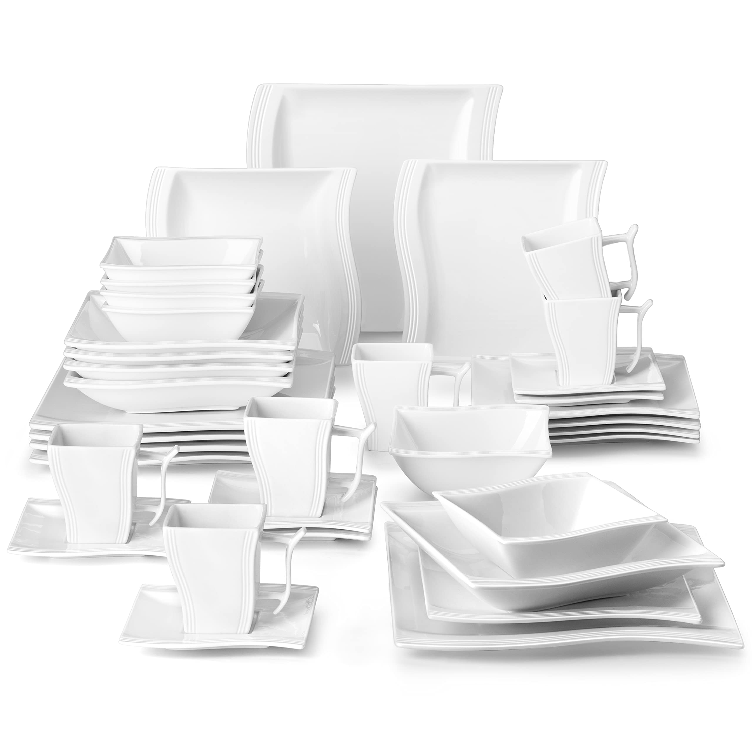 MALACASA 36-Piece Ivory White Porcelain Dinnerware Set - Square Plates, Bowls, Cups & Saucers - Microwave Safe Dinner Set for 6 - Flora Series | Elegant Table Setting for Family Dinners, Parties & Restaurant Use