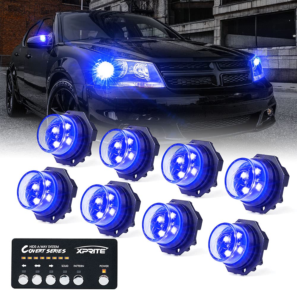 Xprite Blue LED Hideaway Strobe Police Lights Kit - 20 Flashing Modes with Control Panel for Headlights & Taillights - Emergency Warning Lights for POV Vehicles, Volunteer Cars, Trucks & SUVs (8PC Set) - Perfect for Roadside Assistance, Security Patrols & Emergency Response