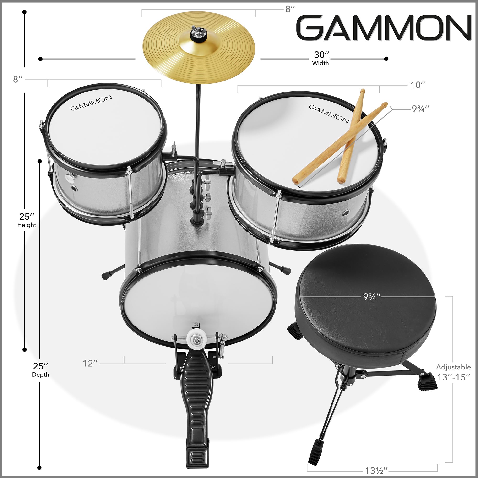Gammon 3-Piece Junior Drum Set with Throne - Silver | Complete Beginner Drum Kit with Bass Drum, Toms, Cymbal, Pedal & Drumsticks | Perfect for Kids, Teens & First-Time Players | Home Practice, Music Lessons & Birthday Gifts