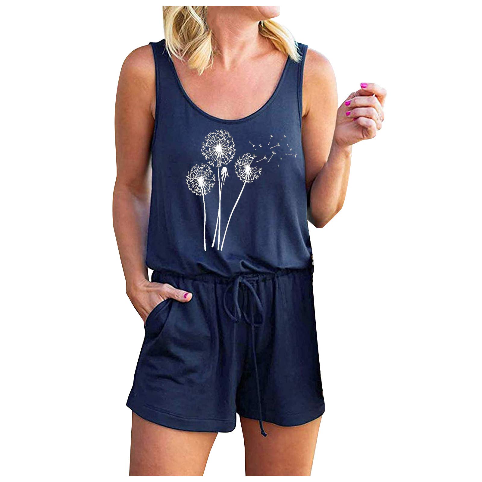 GTMANG Women's Sleeveless Belted Jumpsuit with Pockets - Casual Summer Outfit, O-Neck Romper for Beach, Vacation & Everyday Wear