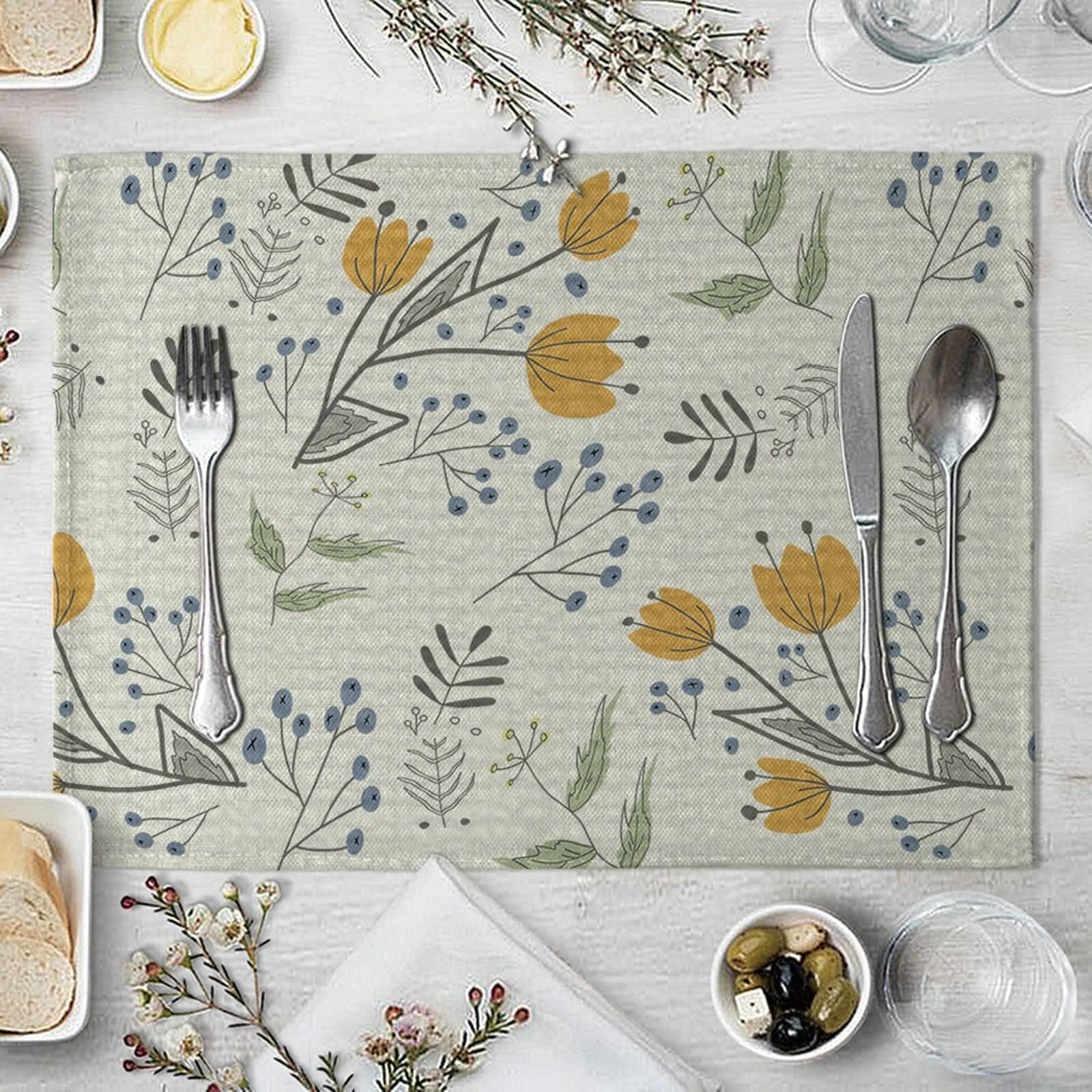 Gualiy 6-Pack Cotton Linen Placemats 16x12 Inches, Floral Leaf Design Square Table Mats for Dining, Perfect for Everyday Meals and Special Occasions