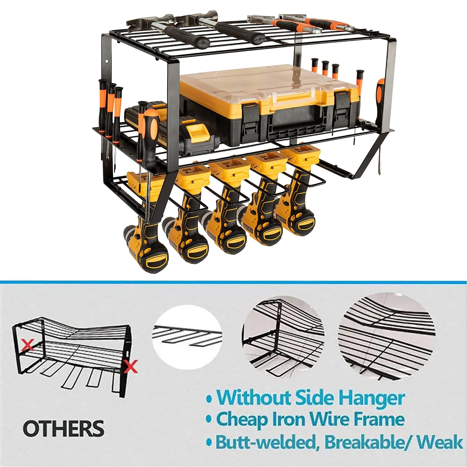 Heavy Duty Power Tool Organizer Wall Mount - 4 Drill Holder & Charging Station Shelf for Cordless Drills & Battery Tools | Garage Workshop & DIY Tool Storage Solution