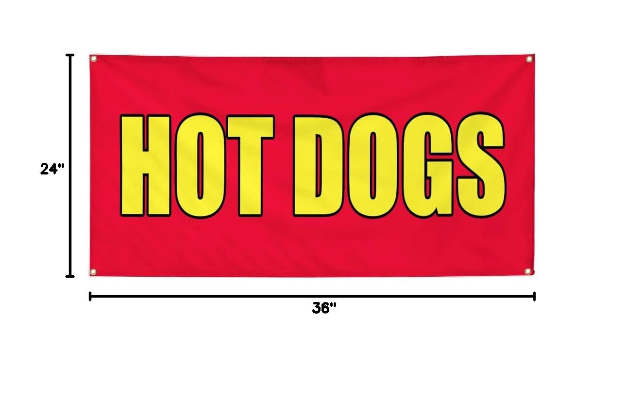 Hot Dogs Food Fair Vinyl Banner - Weatherproof Outdoor Restaurant & Business Promotion Sign (24x36 Inches, 4 Grommets, Red) - Perfect for Yard Sales, Food Trucks, and Outdoor Events