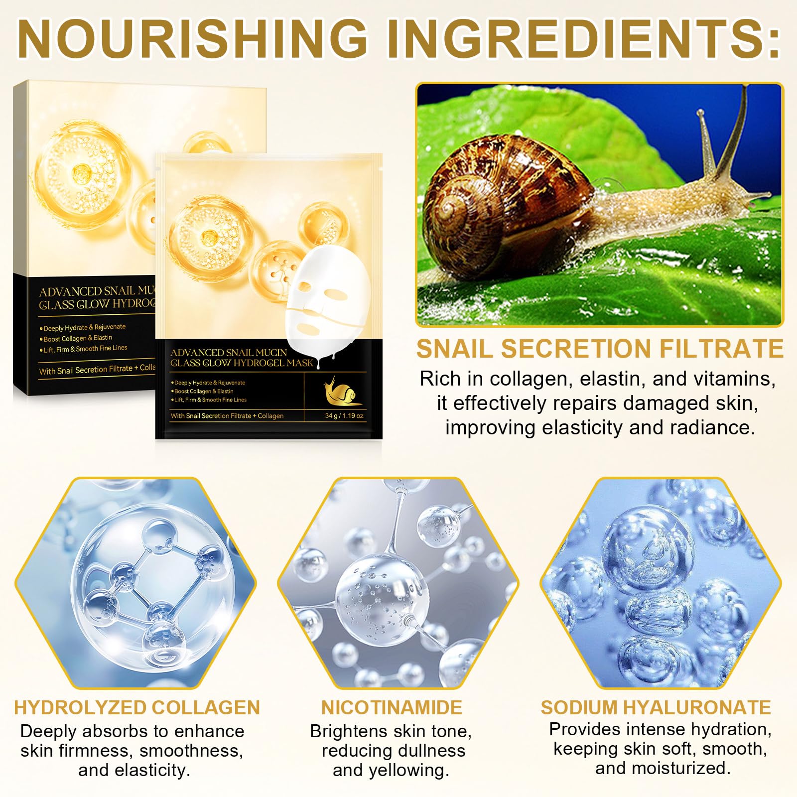 **Snail Mucin Sheet Facial Mask - Collagen & Hyaluronic Acid Deep Hydrating Overnight Mask for All Skin Types - Anti-Wrinkle & Lifting Treatment (4 PCS) - Perfect for Nighttime Skincare & Spa Days**