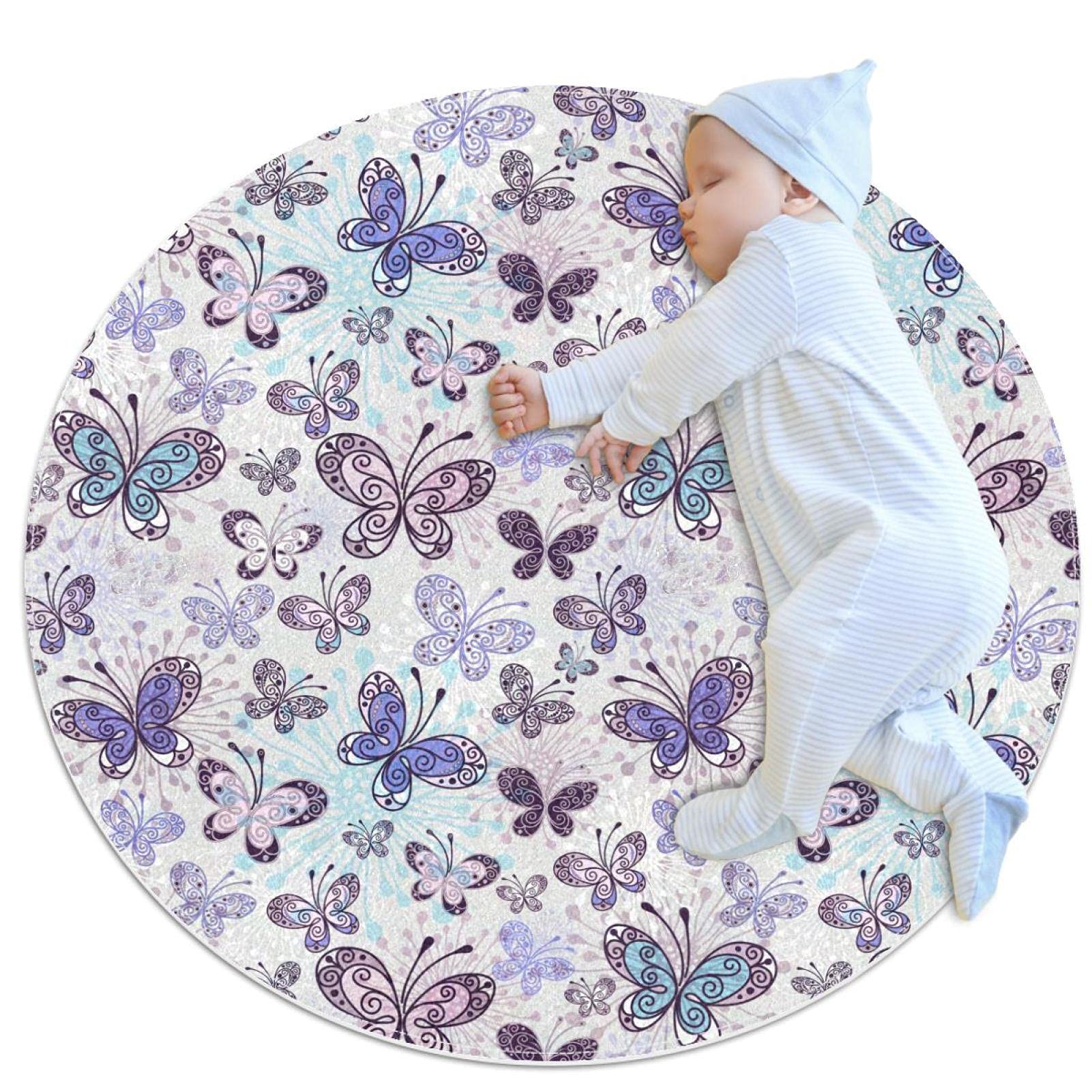 Purple Butterfly Kids Play Mat - Soft Round Game Blanket for Babies & Toddlers | Non-Slip Crawling Mat for Indoor Playtime, Nursery Decor & Family Leisure Activities