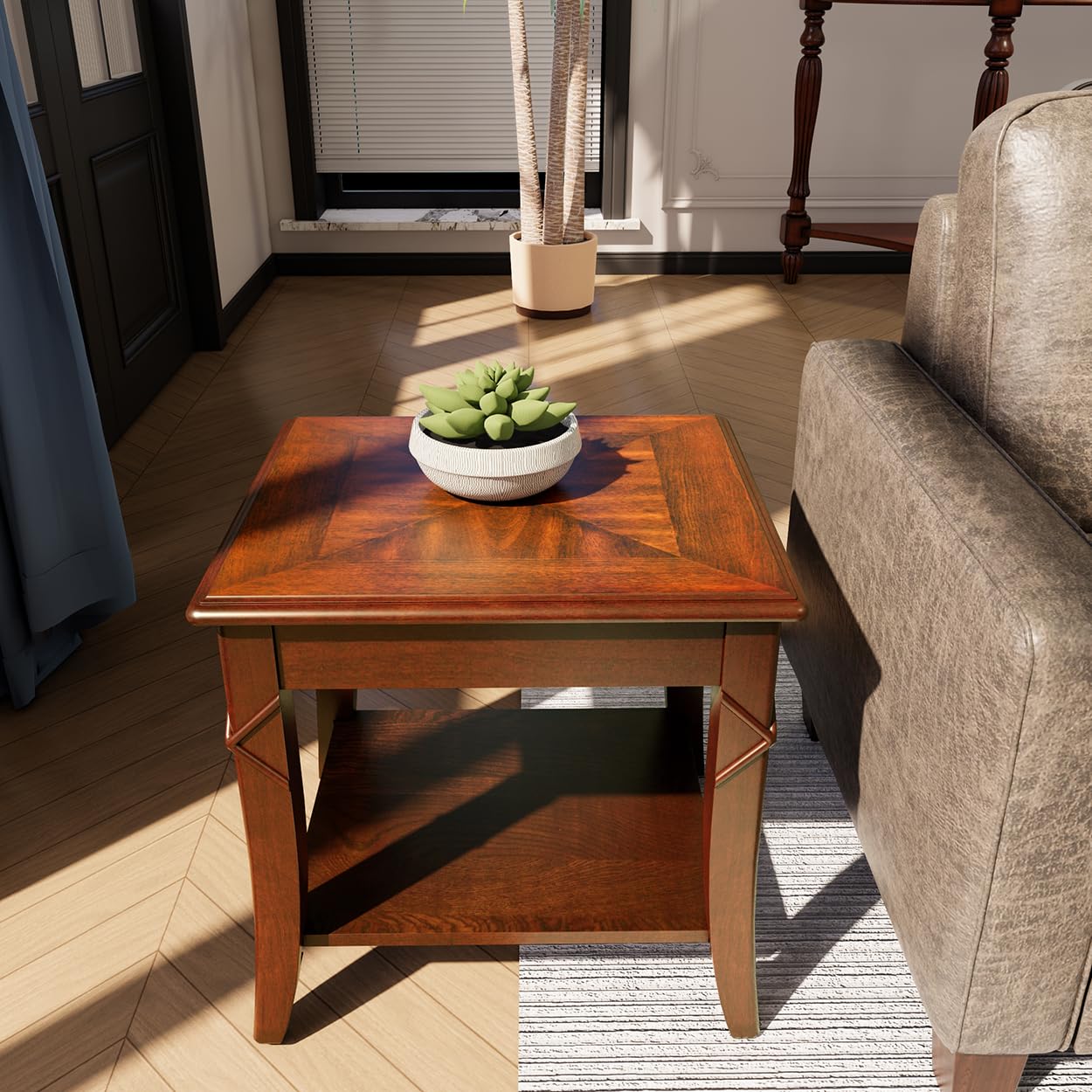 Mid-Century Modern Coffee Table Set with Storage Shelf - 2-Piece Solid Wood Living Room Furniture (Coffee Table & End Table) in Cherry Walnut Finish - Perfect for Small Spaces, Apartments and Cozy Home Decor - KFZ-DR200-2