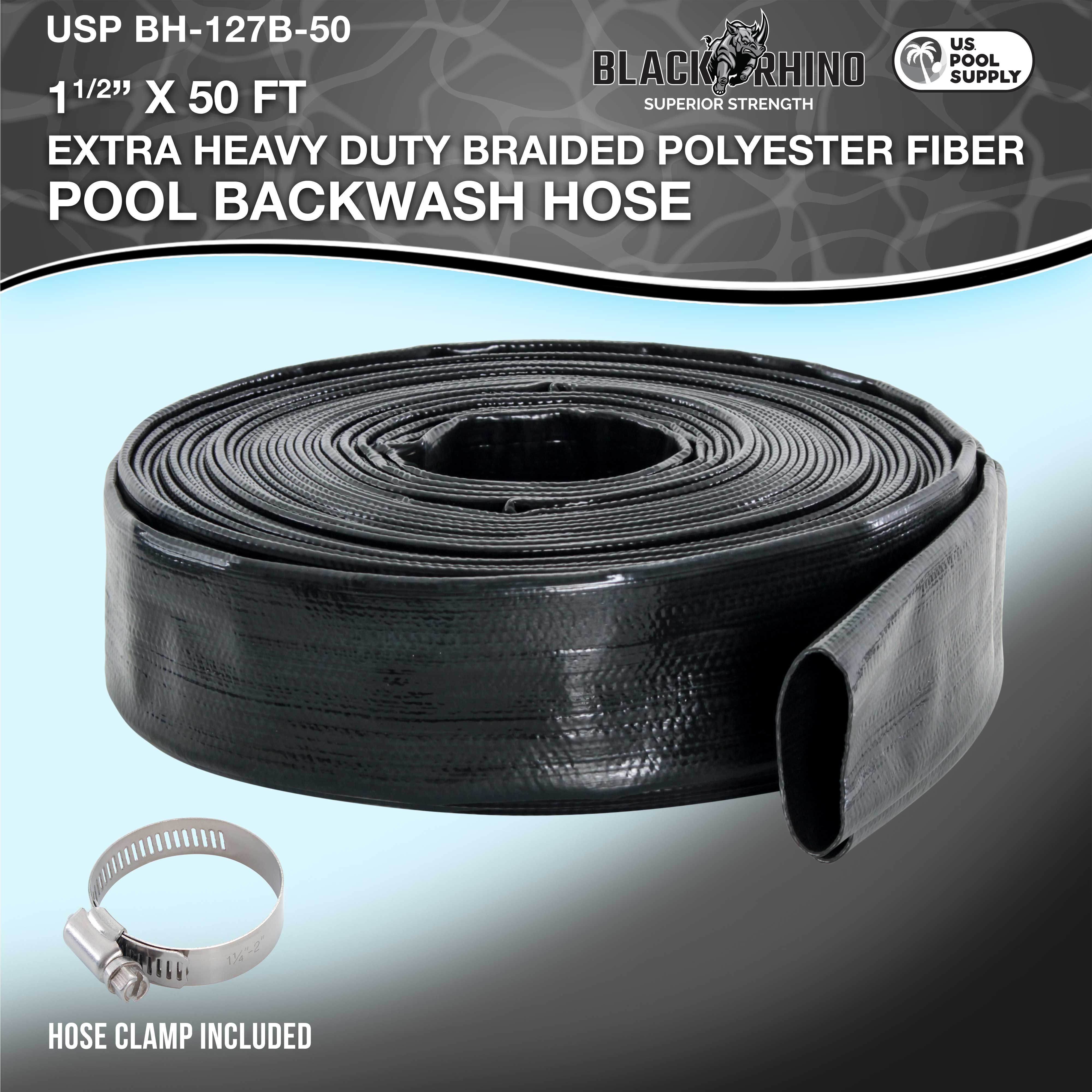 U.S. Pool Supply® Black Rhino 1.5-Inch x 50-Foot Heavy Duty Pool Backwash Hose with Hose Clamp - 1.2mm Thick Weather-Resistant for Inground & Above Ground Pools - Ideal for Backwashing, Draining, and Cleaning Pool Filters