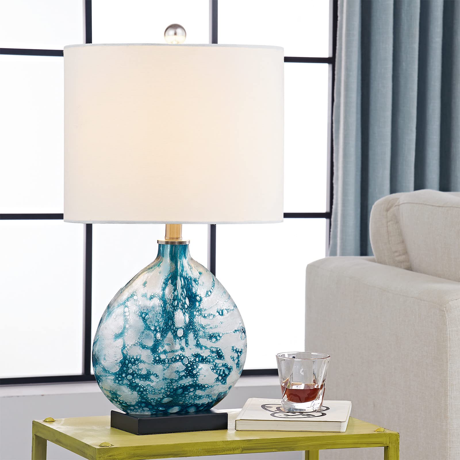 Maxax Coastal Blue Glass Table Lamp - 3-Way Dimmable Bedside Lamp with White Drum Shade for Living Room, Bedroom & Nightstand | Perfect for Coastal Decor, Reading Nook & Bedside Lighting