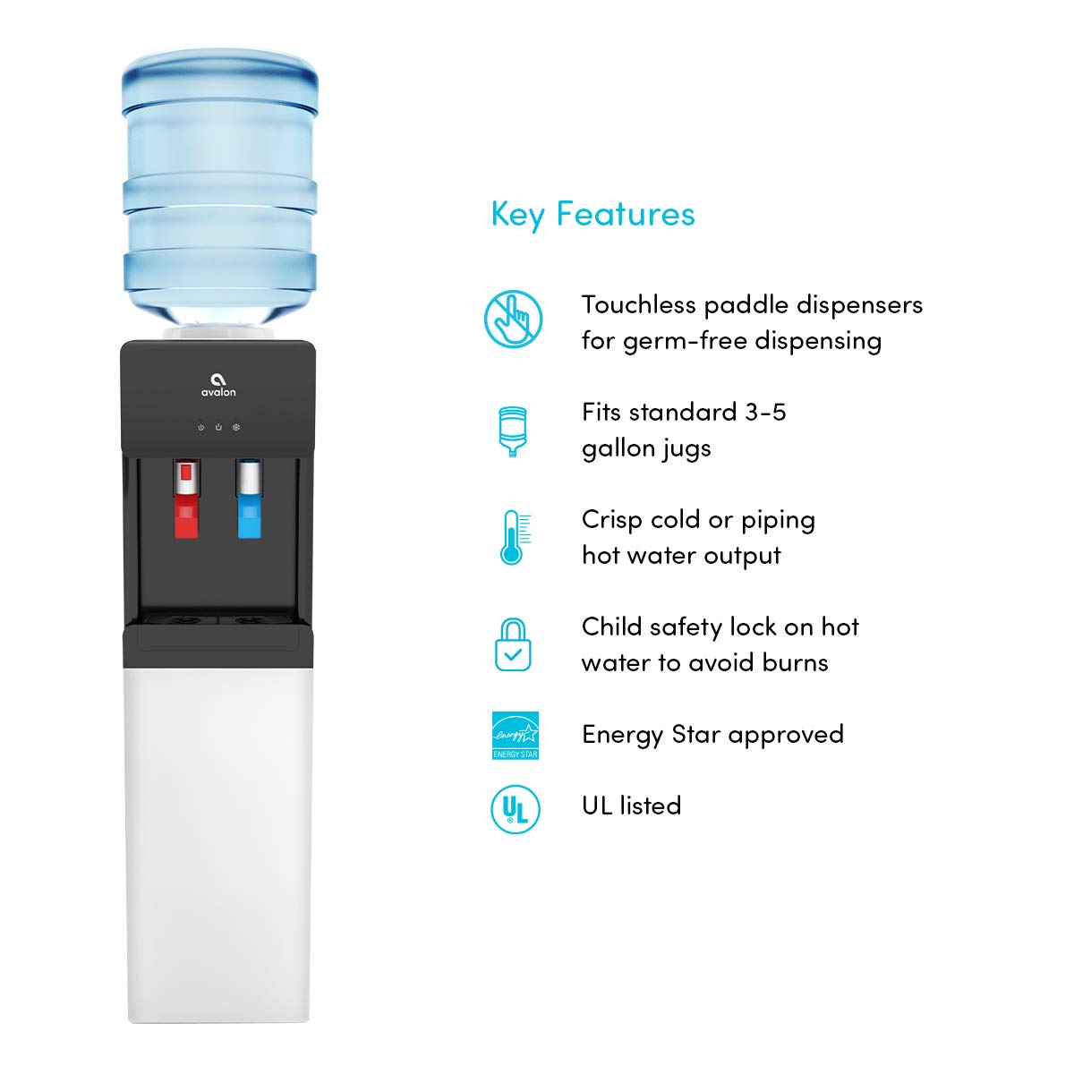 Avalon A2 Top Loading Water Cooler Dispenser - Hot & Cold Water with Child Safety Lock, Slim Space-Saving Design for 3 & 5 Gallon Bottles - UL/Energy Star Certified (White) - Perfect for Home, Office, or Dorm Room Hydration