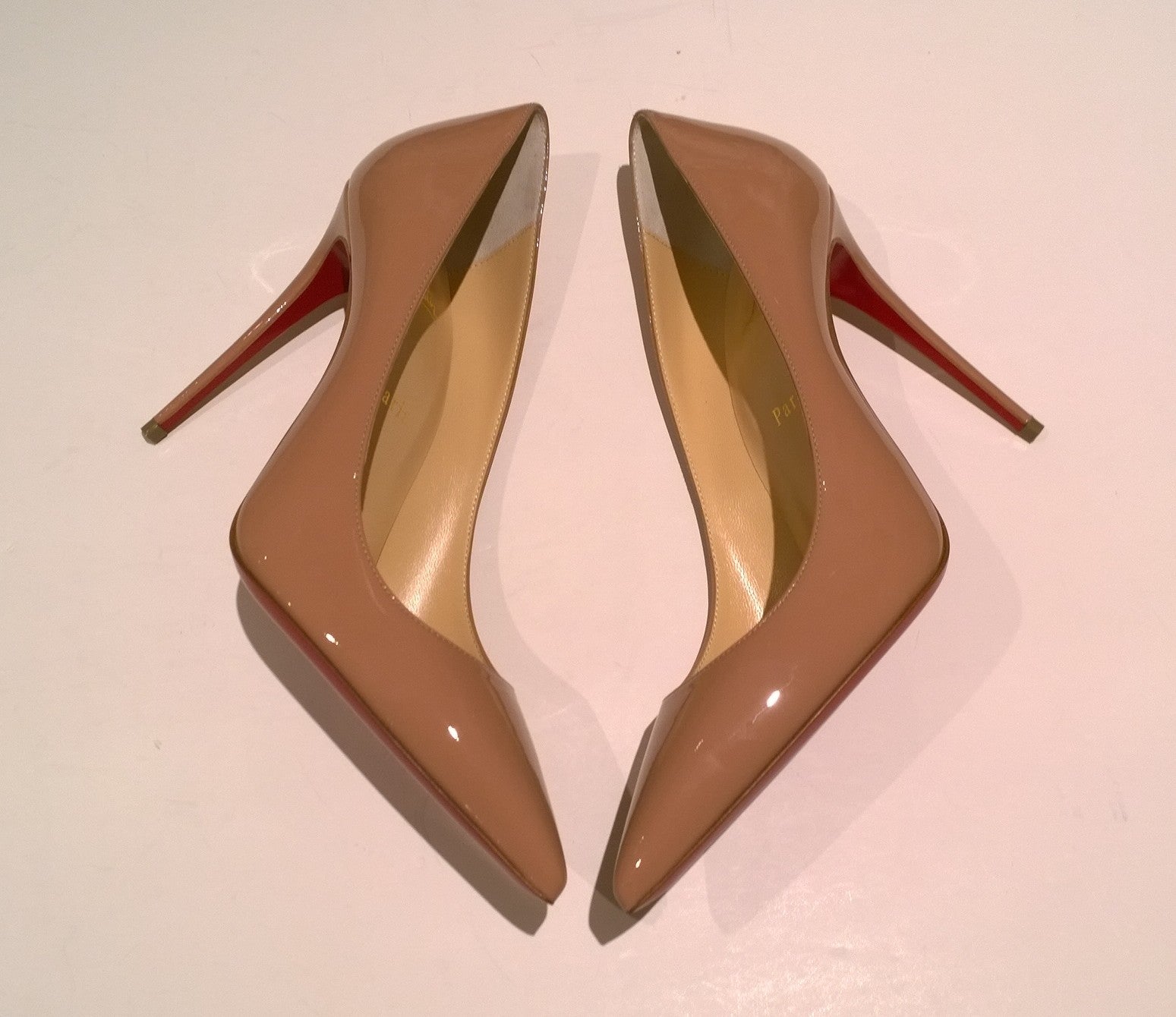 Christian Louboutin Kate 100mm Beige Nude Patent Leather Pumps - Luxury Designer High Heels for Women | Perfect for Weddings, Parties & Special Occasions