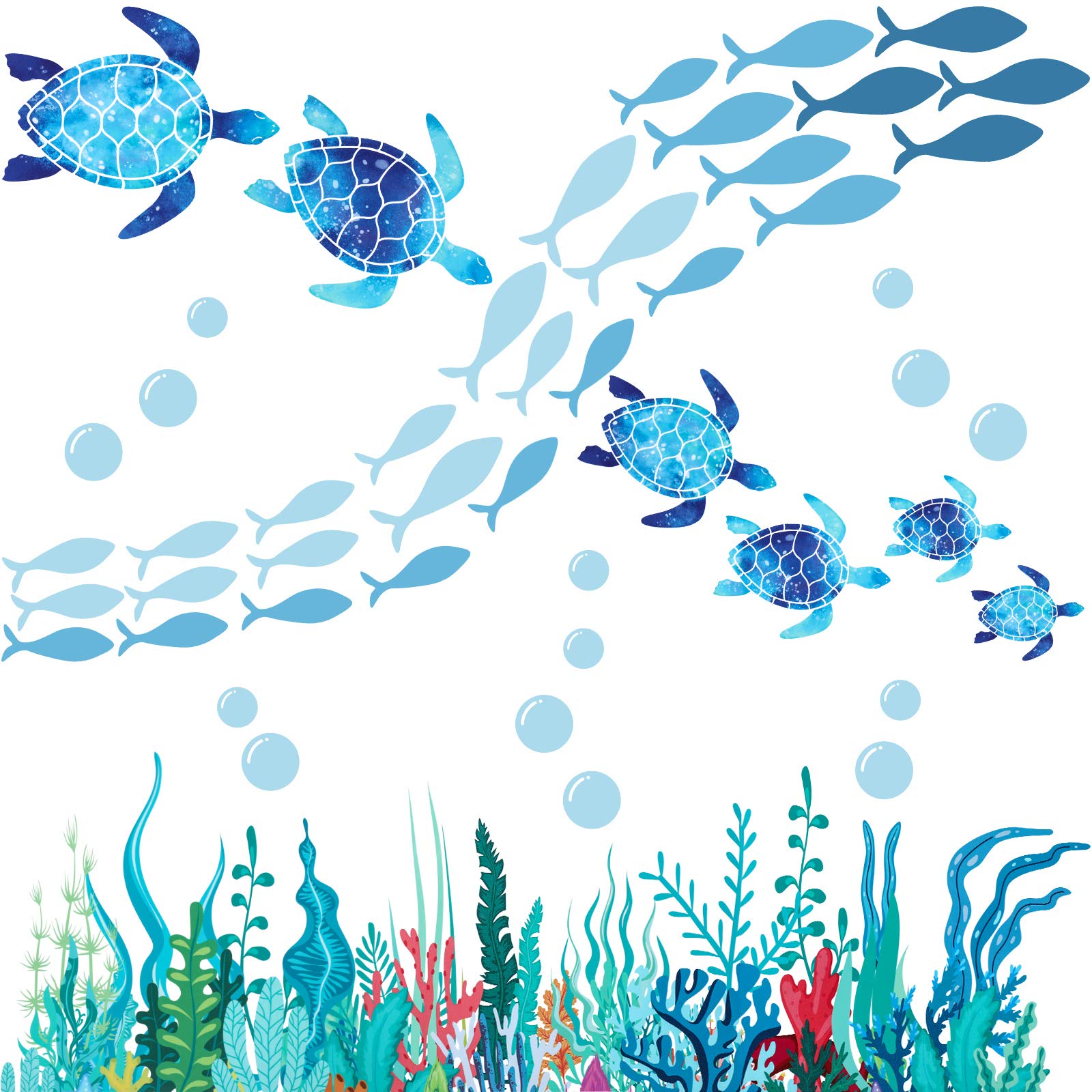 11 Sheets 3D Undersea Marine Life Wall Decals - Turtles, Sea Plants, Fish & Bubbles - Clear Vinyl Wall Stickers for Home Decor - Perfect for Bedroom, Bathroom, Living Room, Nursery & Classroom - Ocean Theme Kids Room Decor