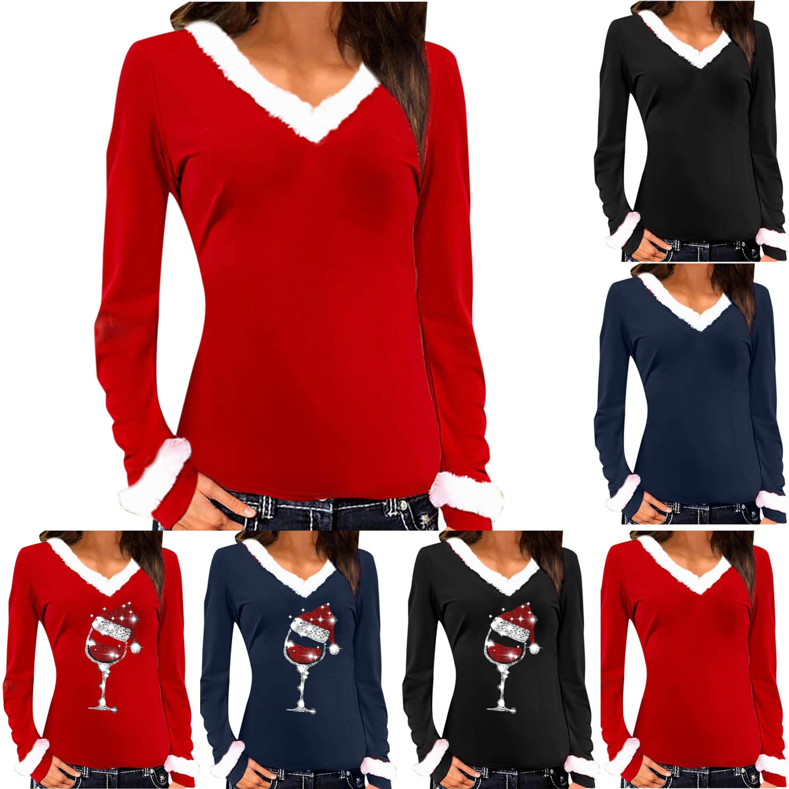Women's Faux Fur Collar Slim Fit Long Sleeve Holiday Top - Christmas Wine Glass Print Blouse for Parties & Festive Gatherings