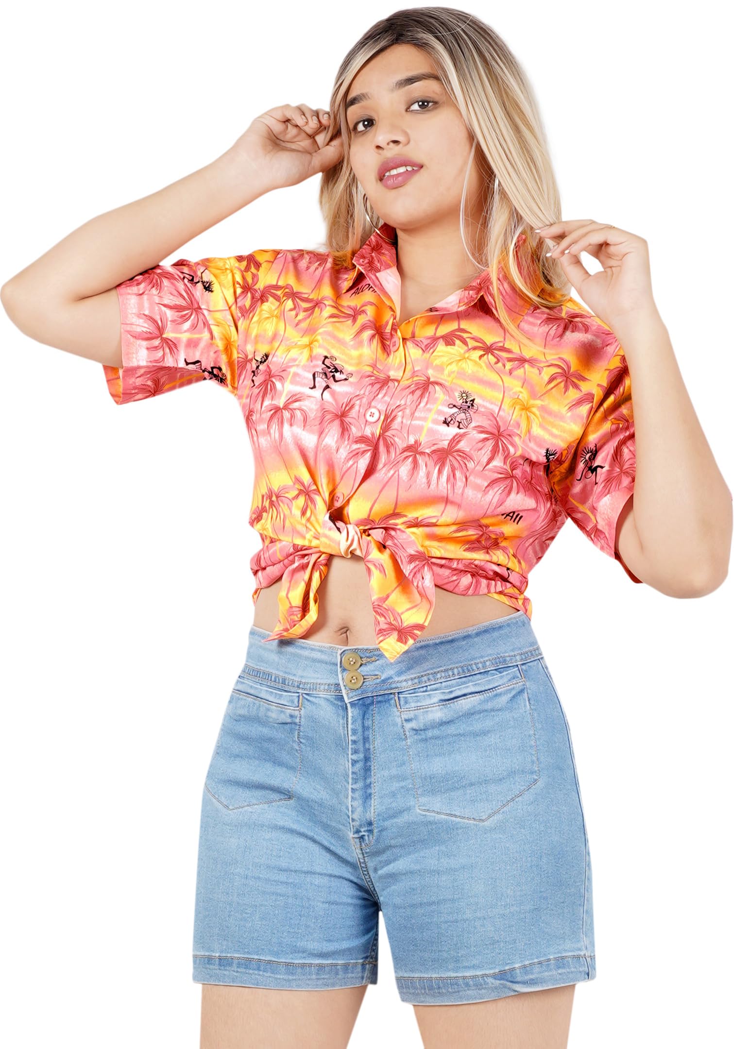 LA LEELA Women's Short Sleeve Hawaiian Blouse - Floral Print Vacation Shirt for Beach, Summer & Tropical Outfits - Lightweight Casual Top for Travel, Party & Outdoor Activities