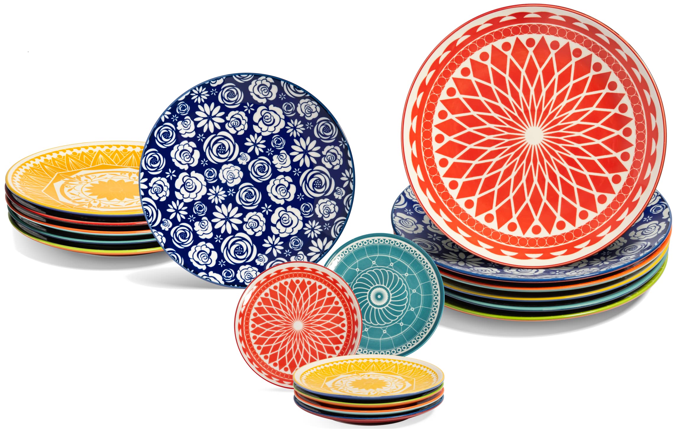 Annovero Colorful Porcelain Salad Plates, Dinner Plates & Dessert Plates Set - Microwave & Dishwasher Safe Kitchen Dishes for Everyday Meals, Parties & Entertaining
