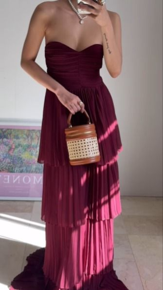 Elegant Burgundy Strapless Chiffon Pleated Tiered Long Evening Dress for Prom, Wedding & Formal Events - Style J6734