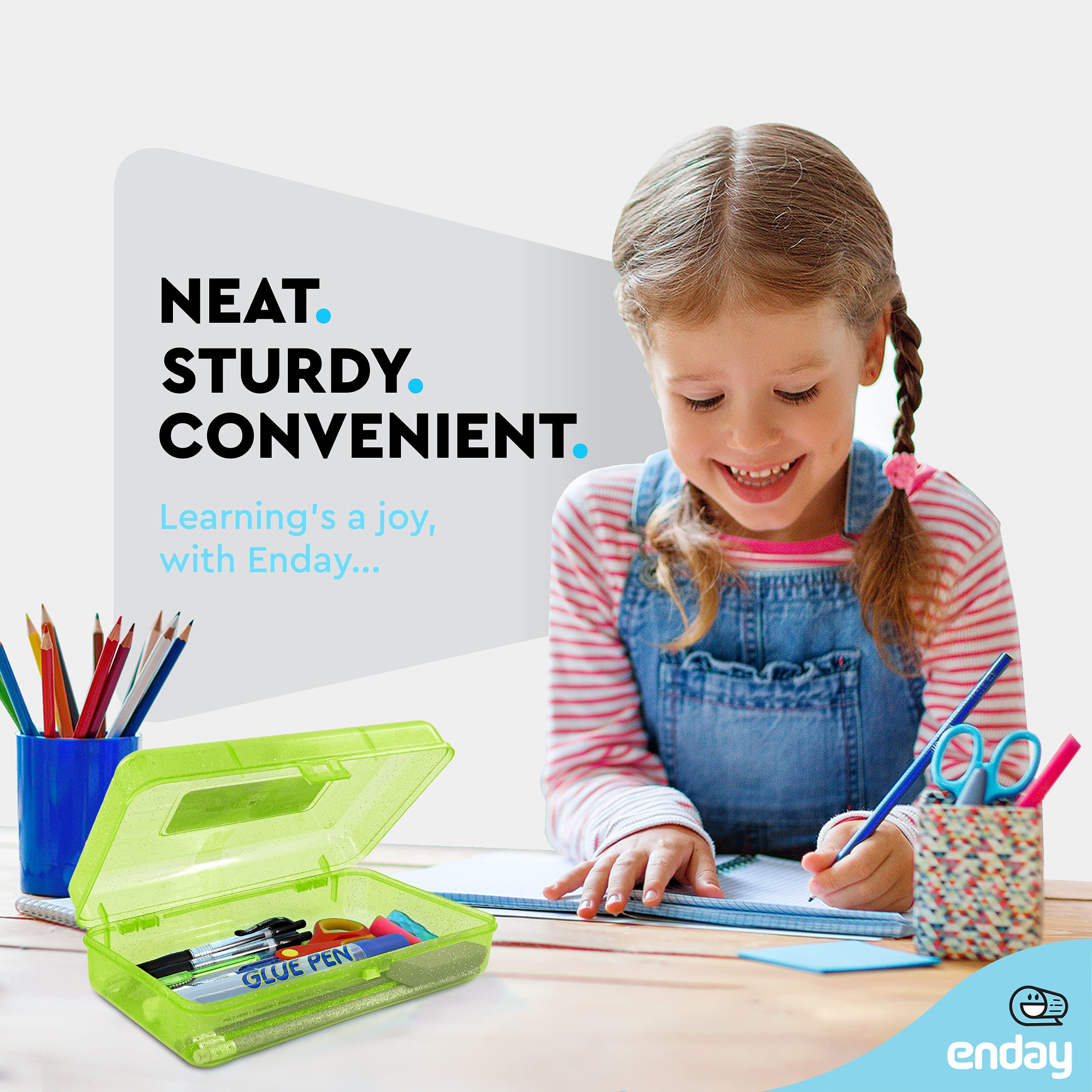 Enday Plastic Pencil Box with Snap Closure Lids - Small School & Office Supplies Organizer for Crayons, Pens & Art Tools (Green, Also Available in Glitter Pink, Purple, Blue, Red, Grey) - 24 Pack - Perfect for Classroom, Homework & Craft Storage