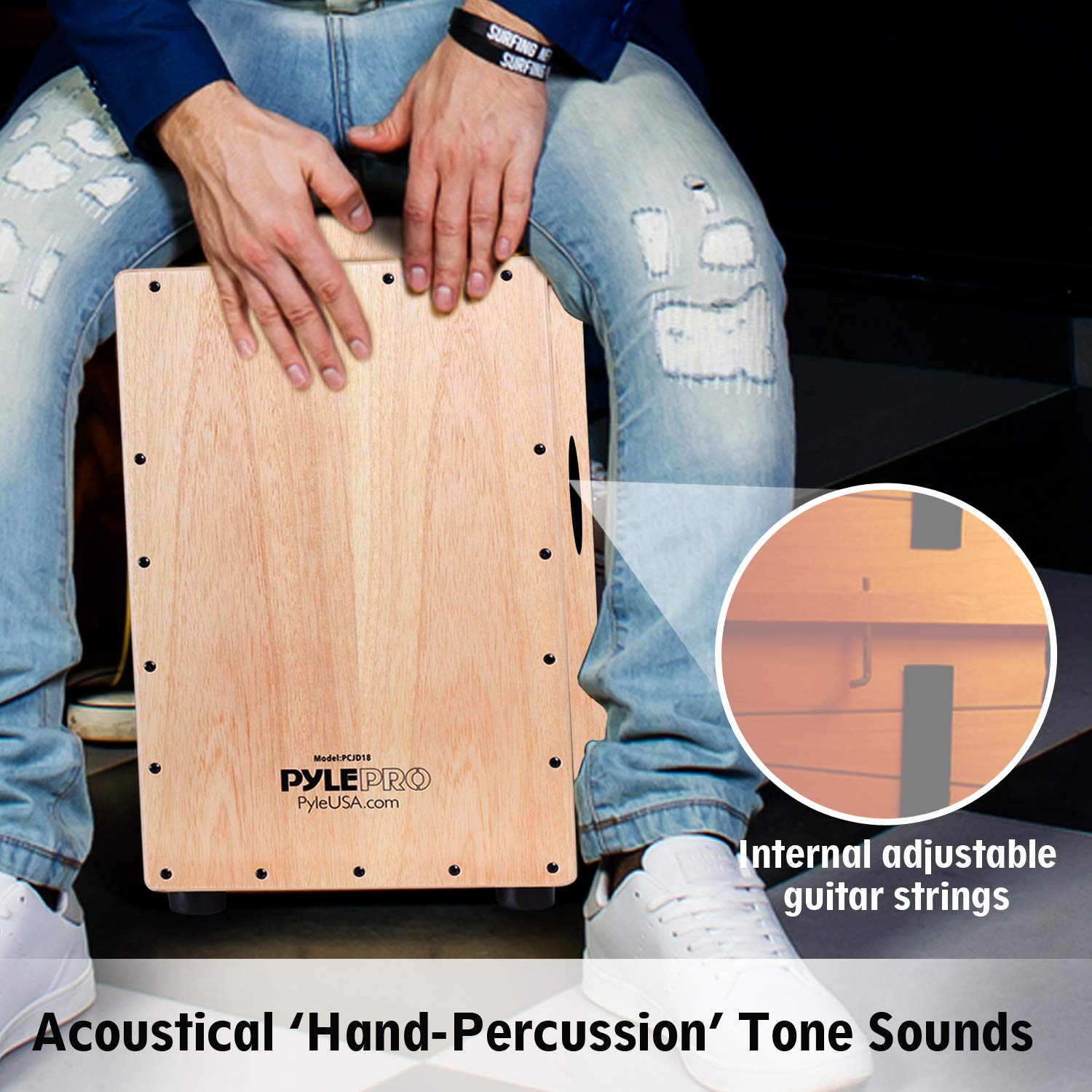 Pyle Jam Wooden Cajon Drum - Handcrafted Compact & Lightweight Percussion Box with Internal Guitar Strings & Rubber Feet - Perfect for Live Performances, Studio Recording & Music Education (PCJD18)