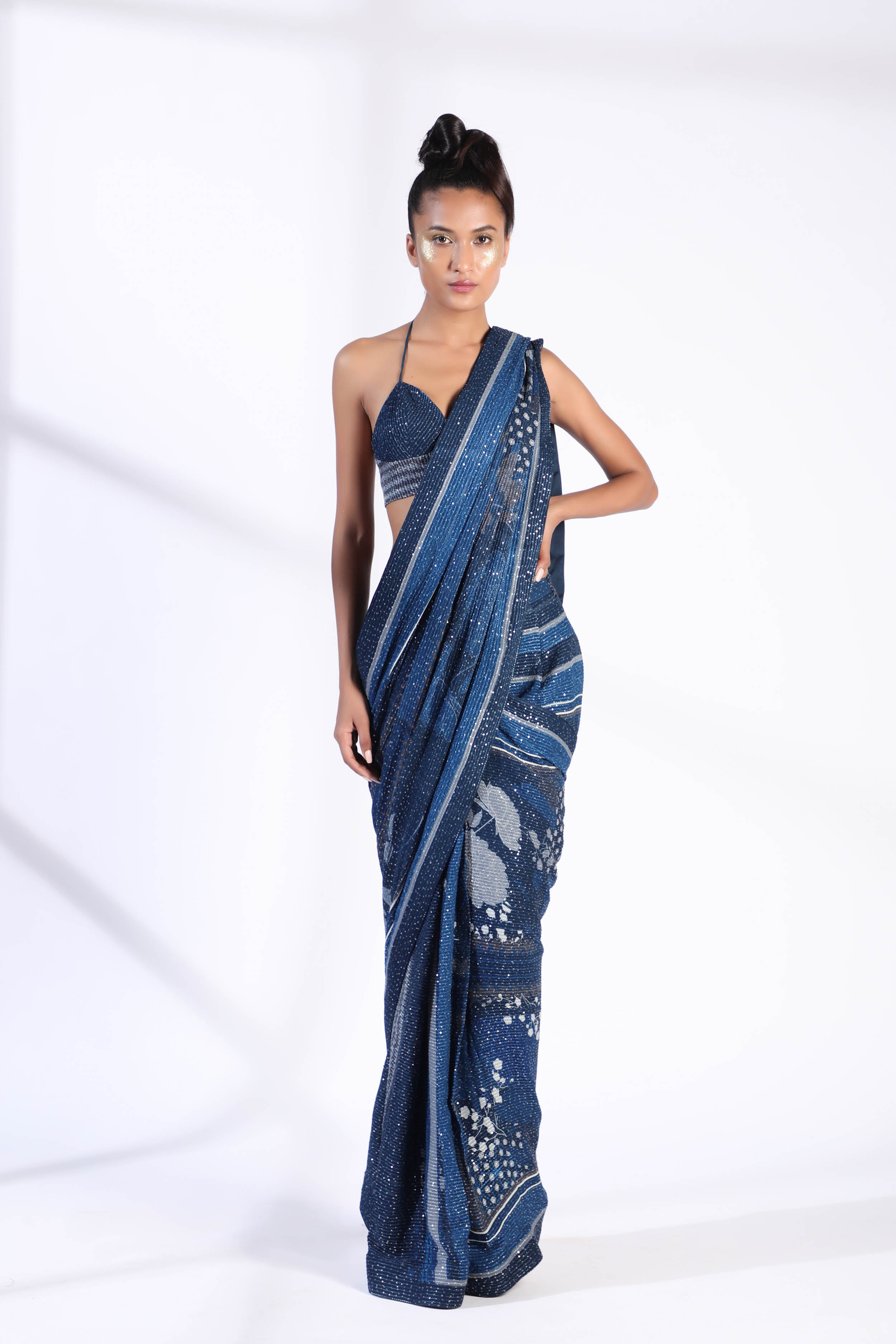 Indigo Blue Floral Two-Piece Pre-Pleated Saree with Sheer Georgette Blouse | Elegant Indian Ethnic Wear for Weddings & Festivals