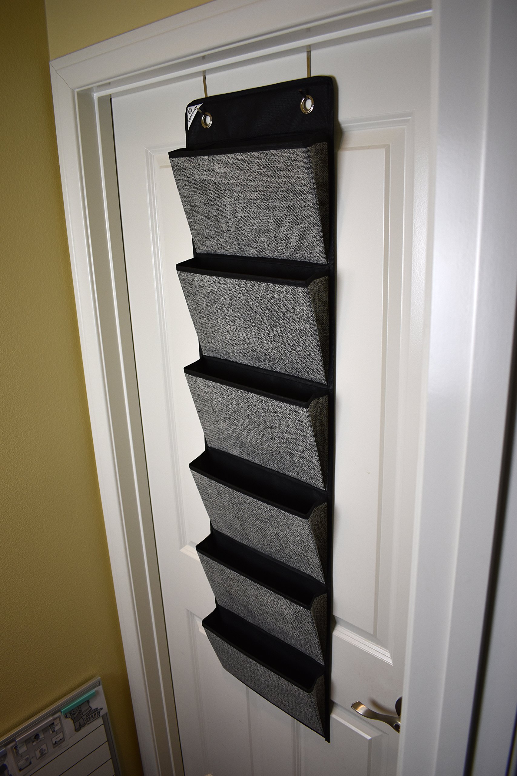 COMPONO Over The Door Organizer with 6 Pockets & 2 Hangers - Space Saving Storage Solution for Office Supplies, Home, School & Business Organization (Black & Gray) - Perfect for Closet, Dorm Room & Entryway Storage