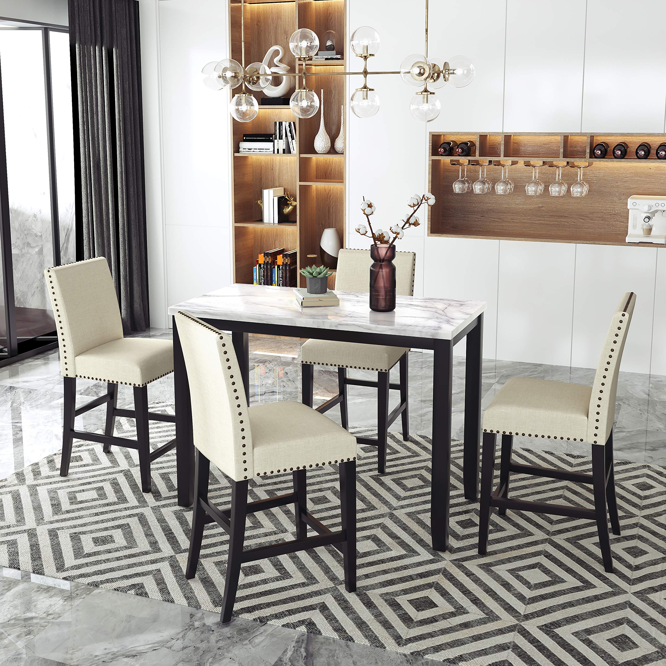 5-Piece Modern Counter Height Dining Set with High-Back Chairs & Marble Veneer Table - Beige Fabric Kitchen Pub Table for Small Spaces, Breakfast Nooks & Apartment Dining | Perfect for Entertaining, Family Meals & Compact Homes