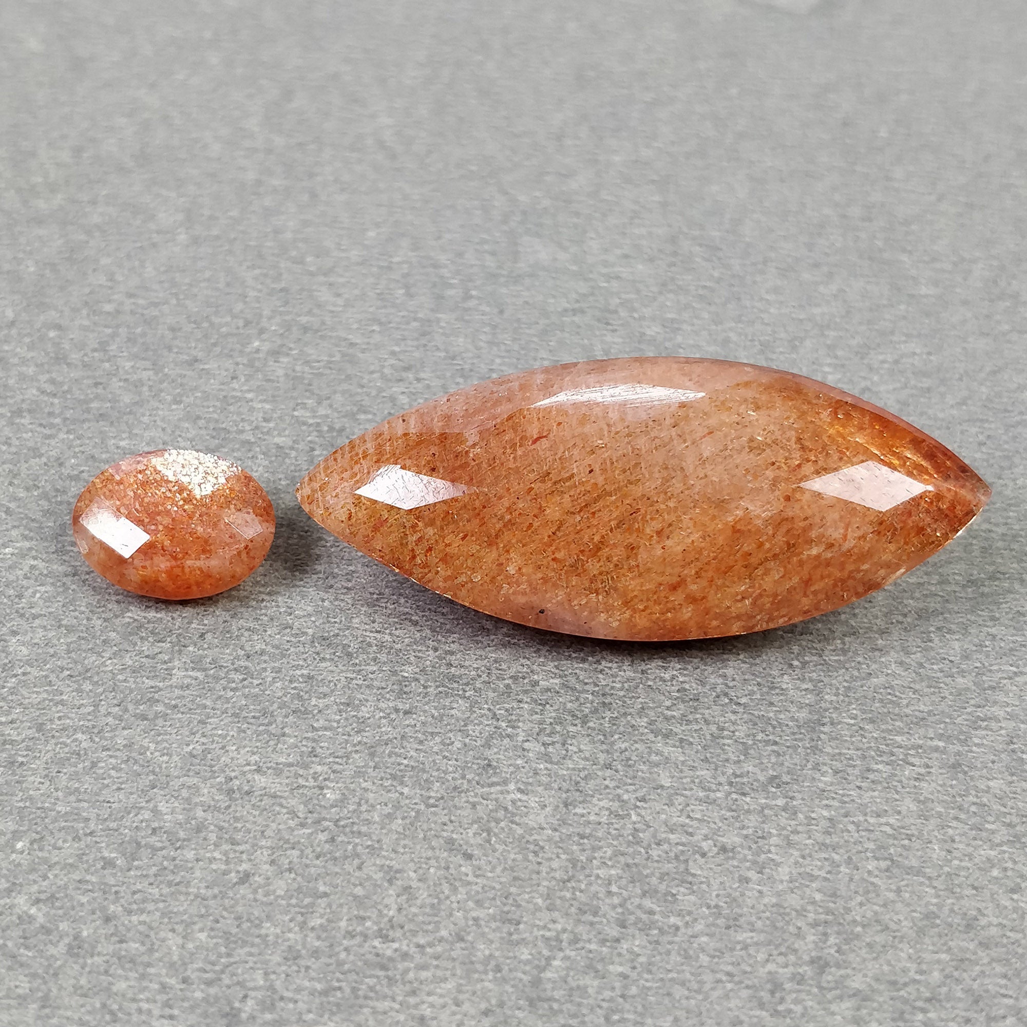 Natural Untreated Chatoyant Orange Sunstone Gemstone - 32.70cts Checker Cut Oval & Marquise Shape (11x8mm & 37x15.5mm) 2pc Set with Video - Perfect for Jewelry Making, Crystal Healing & Collector's Display