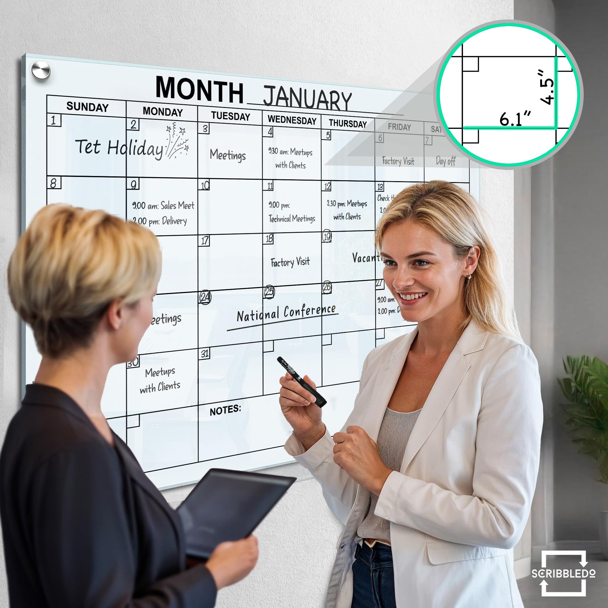 34x46 Inch Magnetic Glass Whiteboard Monthly Planner - Large Dry Erase Wall Calendar for Home & Office with Marker Tray | Perfect for Scheduling, Project Management & Family Organization