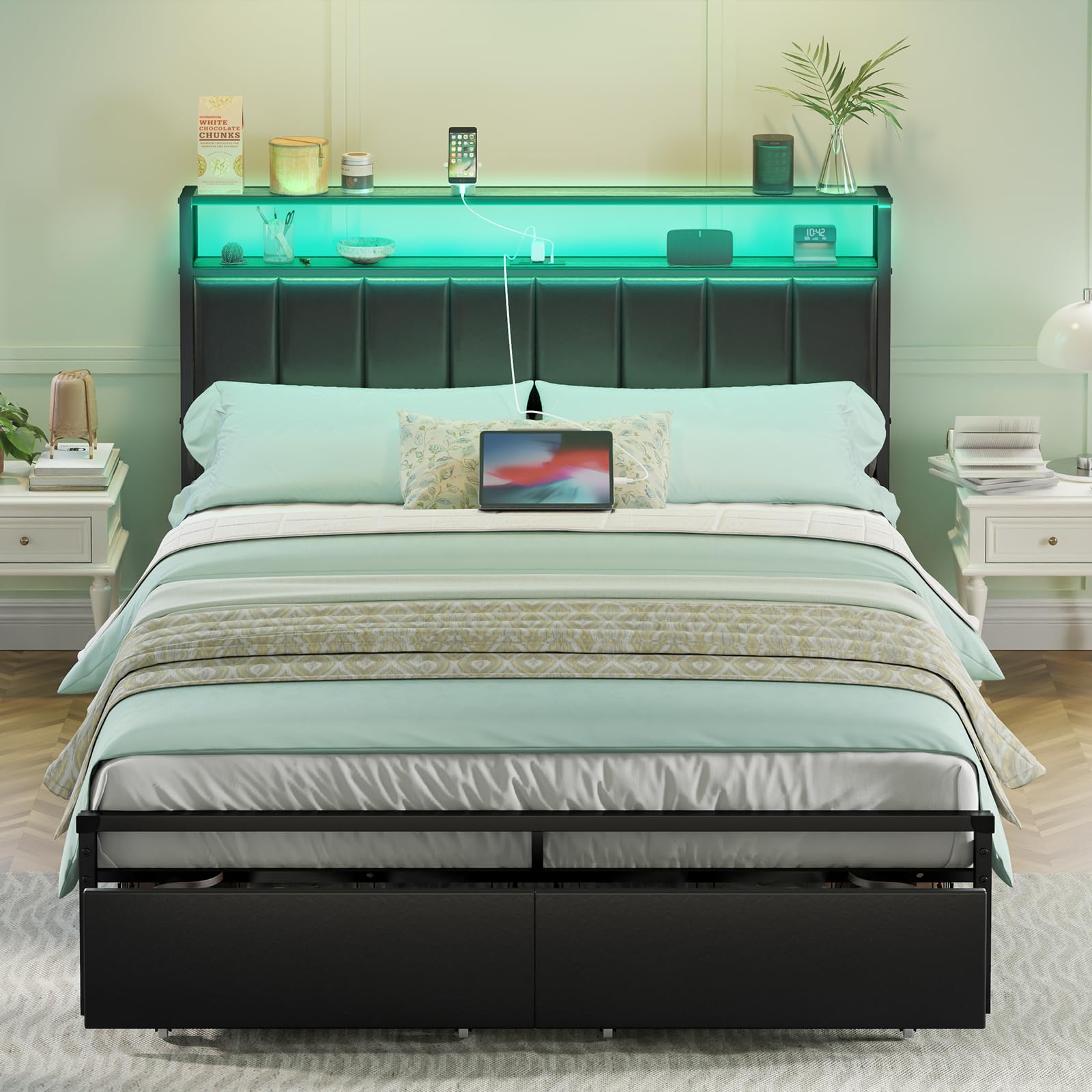 AMERLIFE Queen LED Bed Frame with 2-Tier Storage Drawers, Leather Upholstered Platform Bed with USB Charging Station Headboard - No Box Spring Needed, Easy Assembly, Noise Free, Black - Perfect for Modern Bedrooms, Small Spaces & Tech-Savvy Users