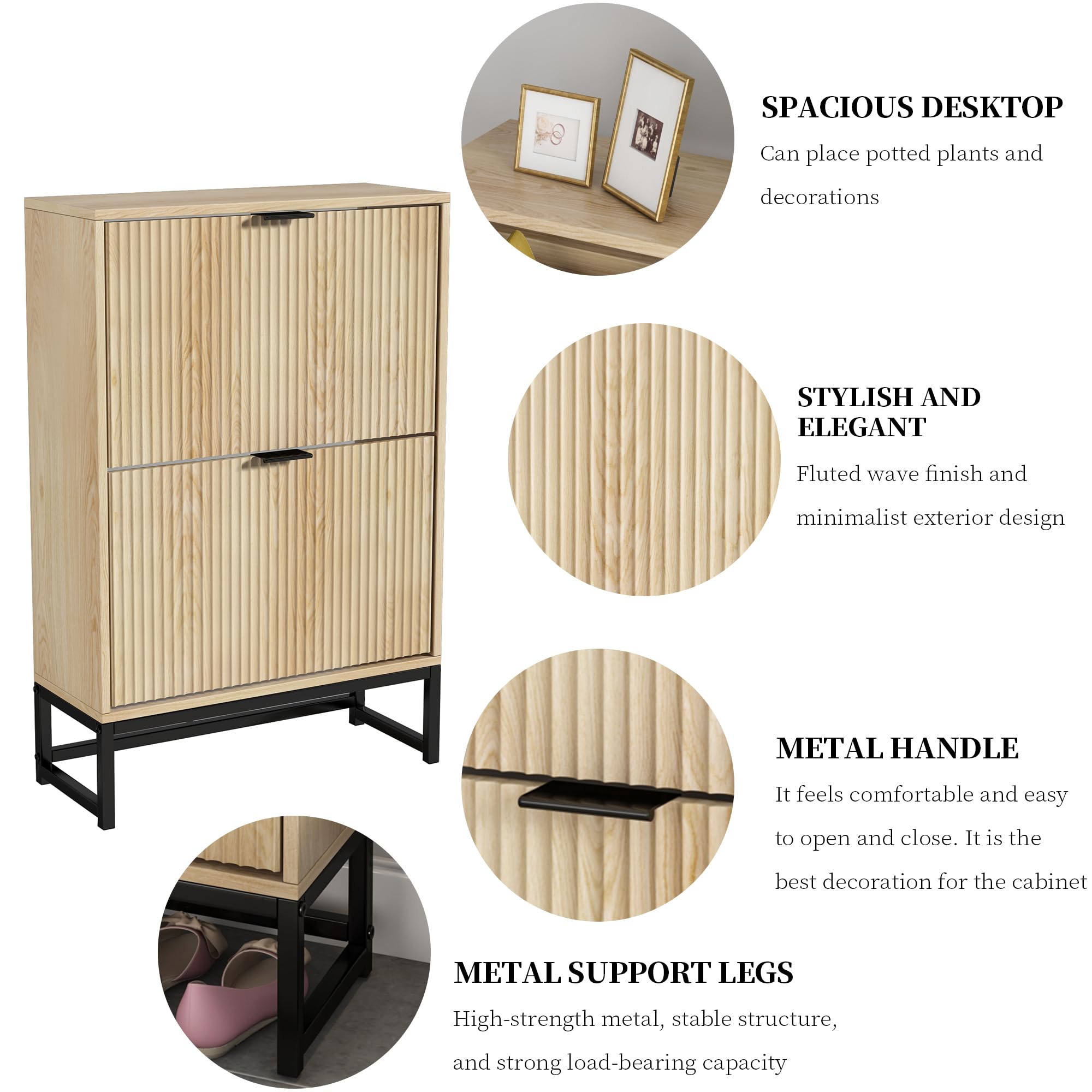 Modern Slim Wooden Shoe Cabinet with 2 Flip Drawers - Freestanding Narrow Shoe Storage Organizer for Entryway & Living Room | Fluted Design Home Decor for Small Spaces & Apartment Hallways
