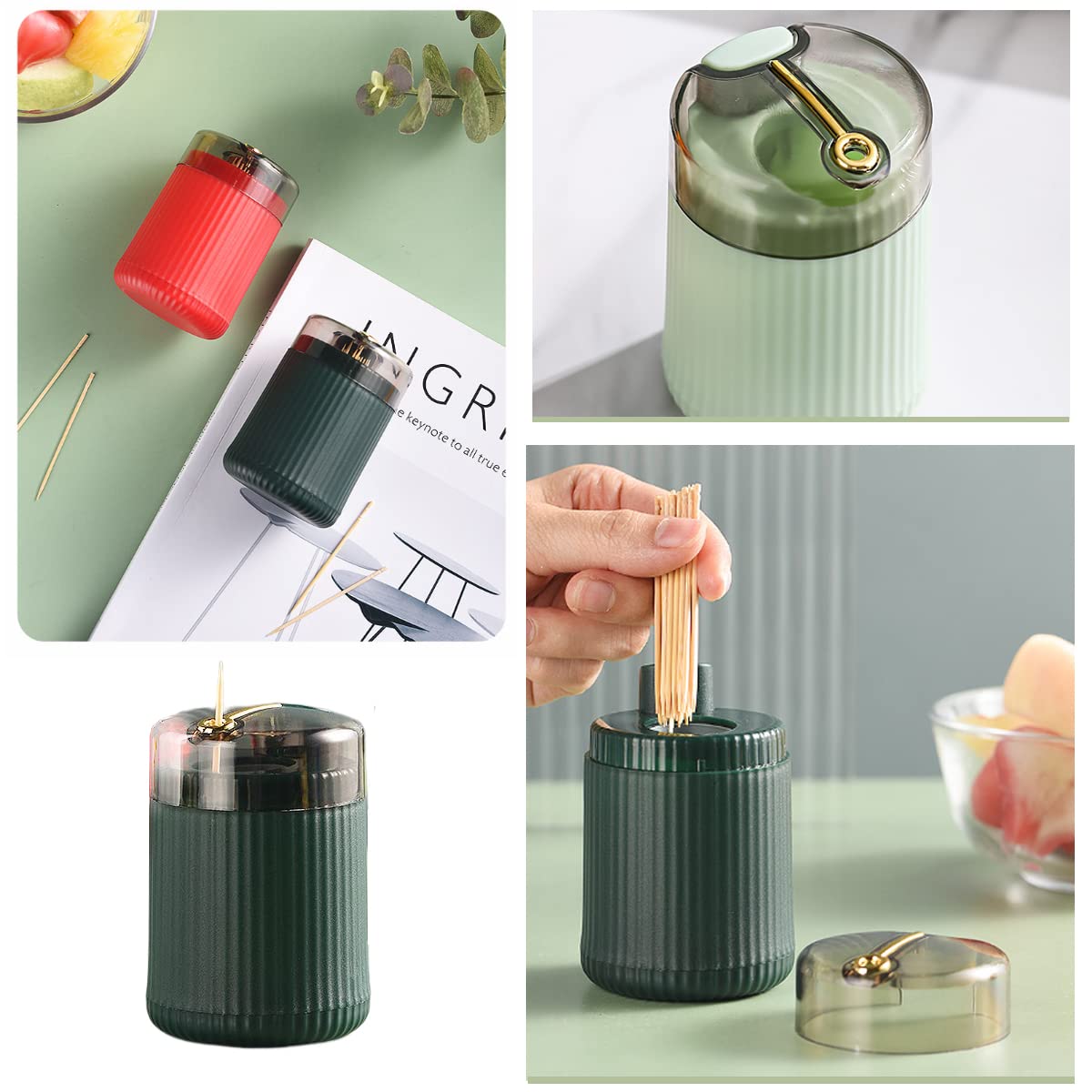 2024 Premium Automatic Toothpick Dispenser - Light Luxury Style Portable Toothpick Holder with 200 Natural Wood Toothpicks for Teeth Cleaning (Red) | Perfect for Restaurants, Home Kitchens, and Travel Use