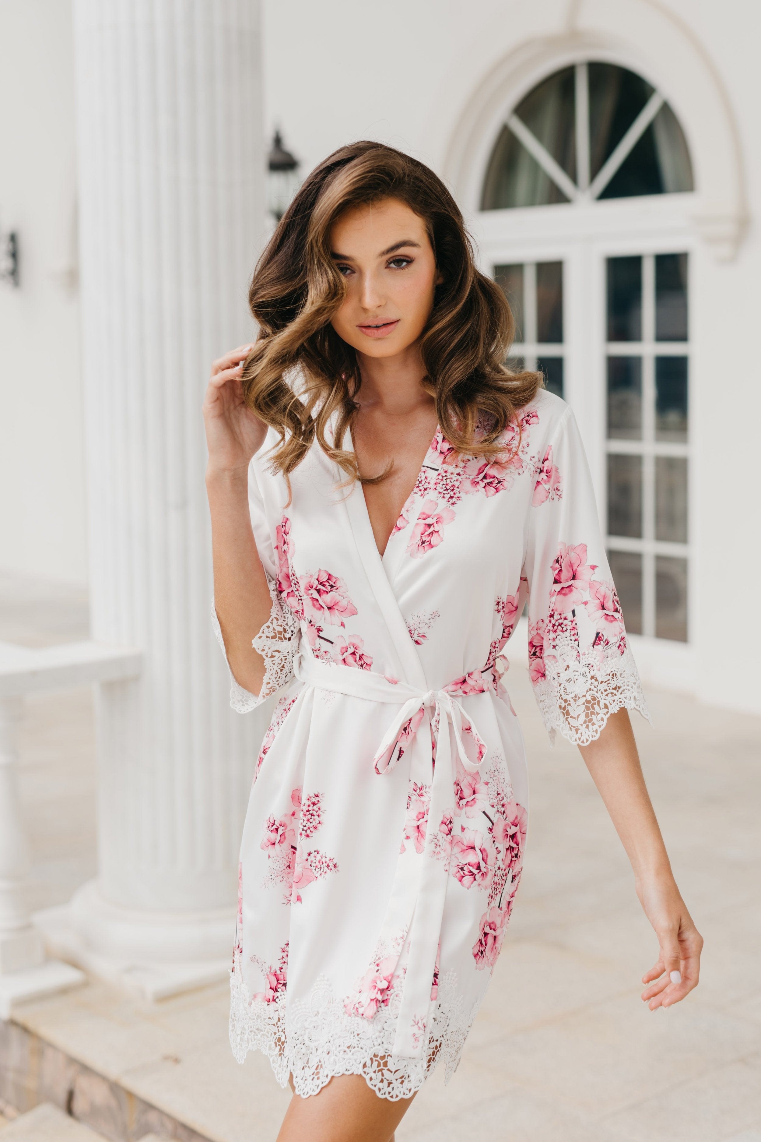 Elegant Floral Printed Robe for Women - Ivana Bouquet De Fleur Design - Perfect for Lounging, Spa Days & Bridal Showers