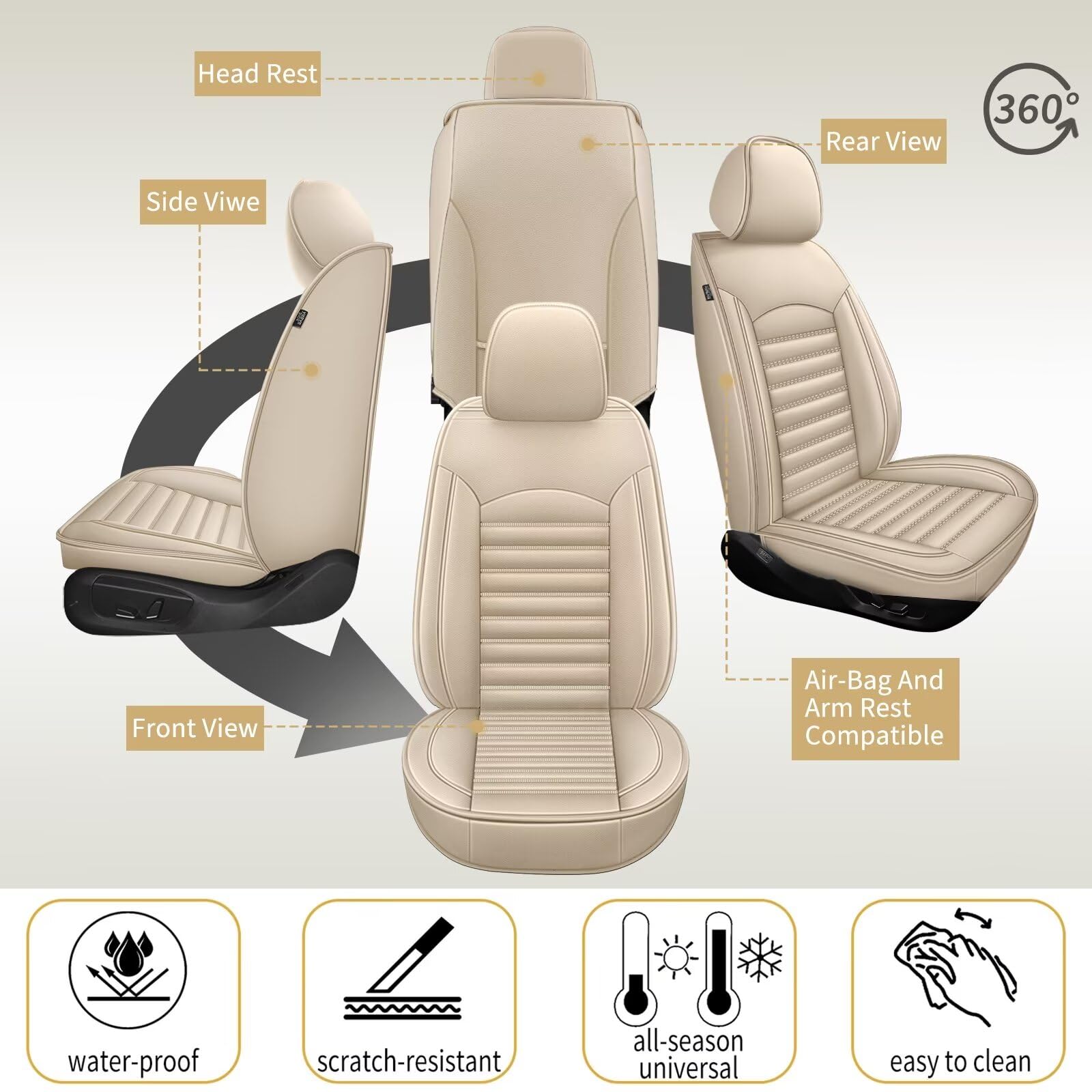 Premium Faux Leather Car Seat Covers for Ford Fusion 2006-2020 - Waterproof, Airbag-Compatible Front Seat Cushions (Beige) | Perfect for Daily Commutes, Road Trips & Protecting Your Vehicle's Interior