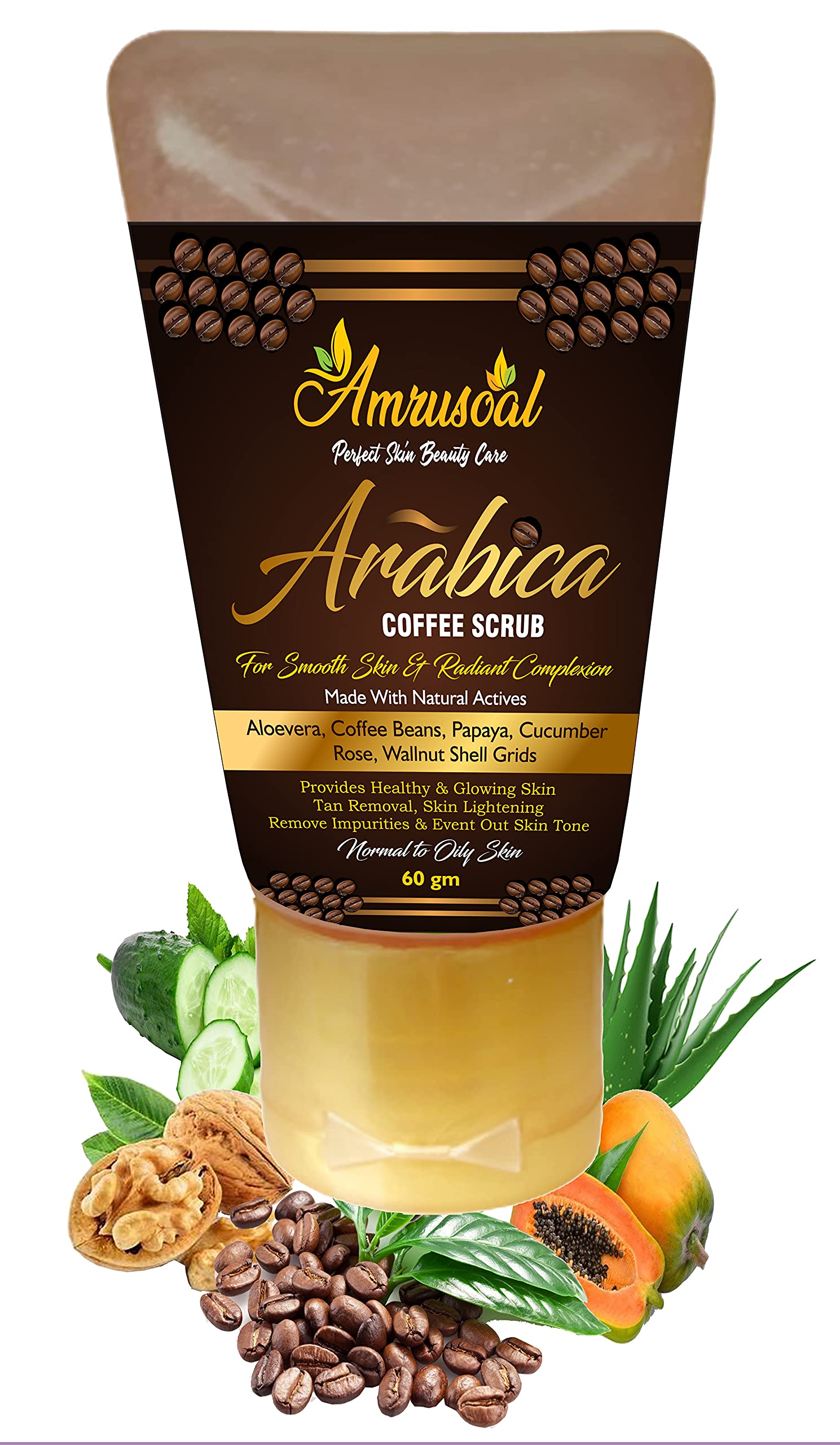 AMRUSOAL Arabica Coffee Face Scrub - Exfoliating & Deep Cleansing for Glowing Skin | Anti-Cellulite Body Scrub for Men & Women | Brightening Moisturizer with Fruit Extracts & Caffeine | Tan Removal Treatment - 60g | Perfect for Spa Day & At-Home Skincare Routine