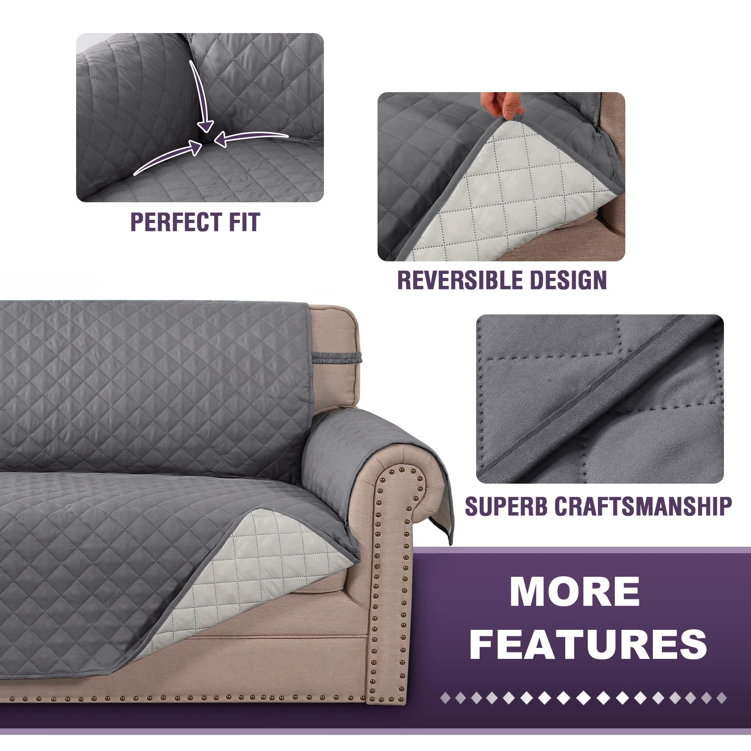 Reversible Quilted Sofa Slipcover - Water Resistant Furniture Protector with Elastic Straps for Pets & Kids (Oversized Sofa, Grey/Beige) | Perfect for Living Room, Family Room & Pet-Friendly Homes